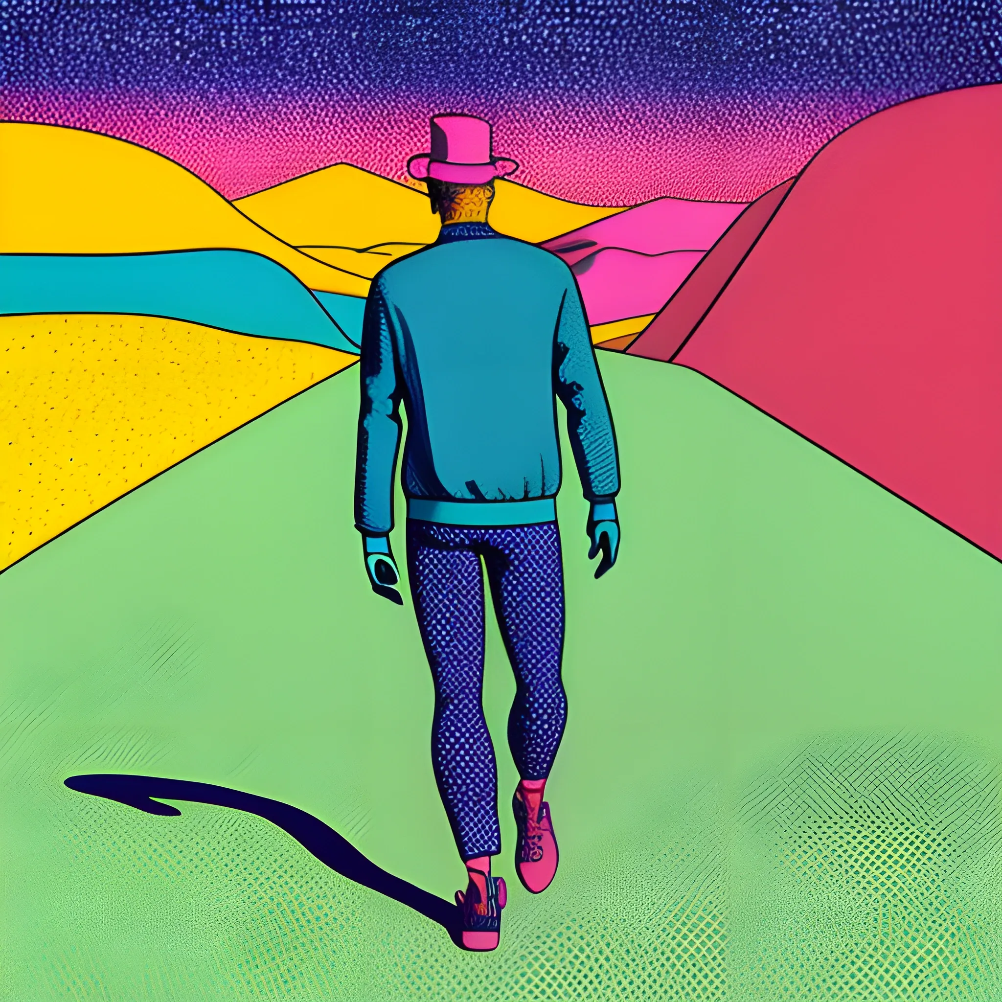 Neo-pop art risograph print, the man is walking through a colorful 🌈 landscape, in the style of hikari shimoda, alex colville, young british artists (ybas), sandy skoglund, realist detail, pensive stillness, children's book illustrations --no mockup --style raw --ar 51:91 --v 5.2