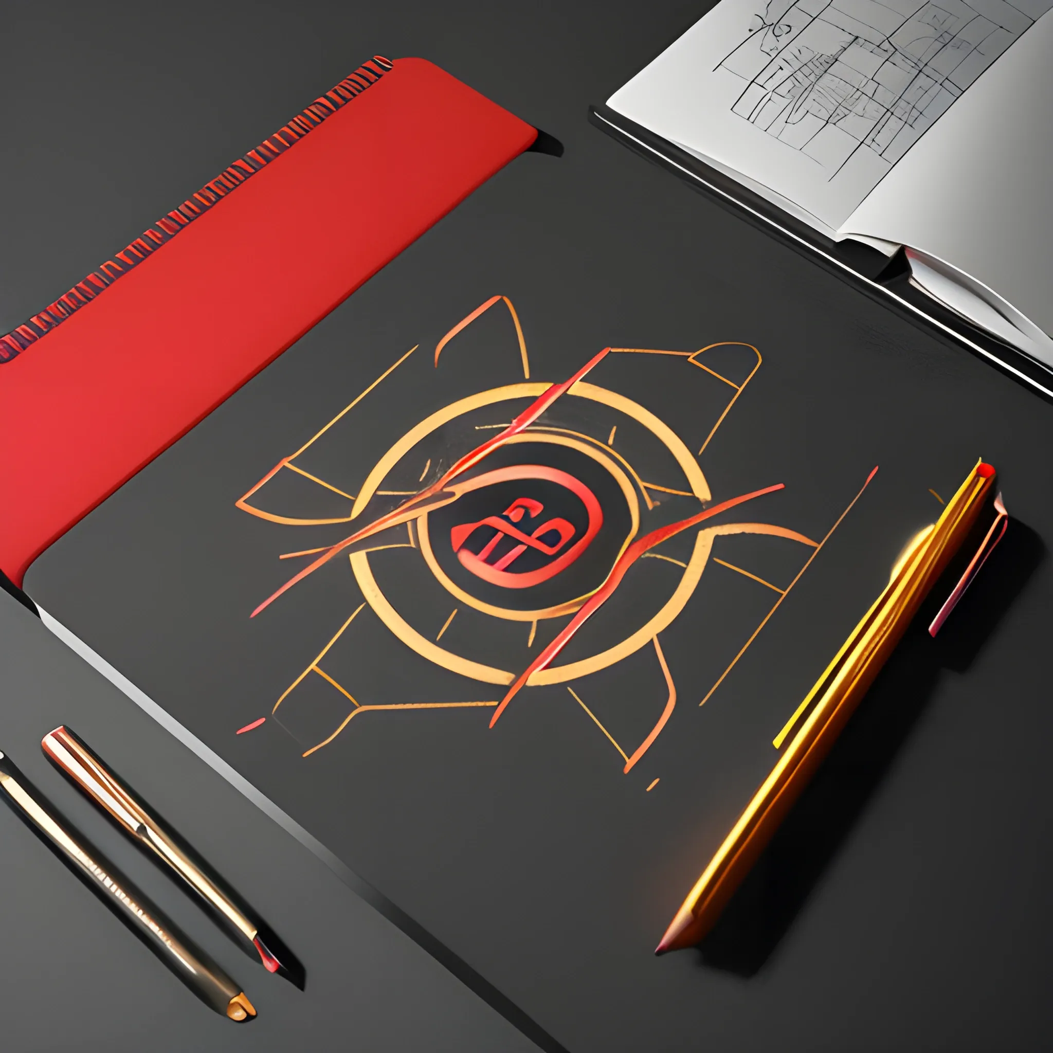 it's a logo with a metal notepad cover, metallic red and metallic gold, a mechanical pencil with utopic icons, the cover of the notepad opens up, all on a matte black table, 3D
Pencil Sketch, Trippy