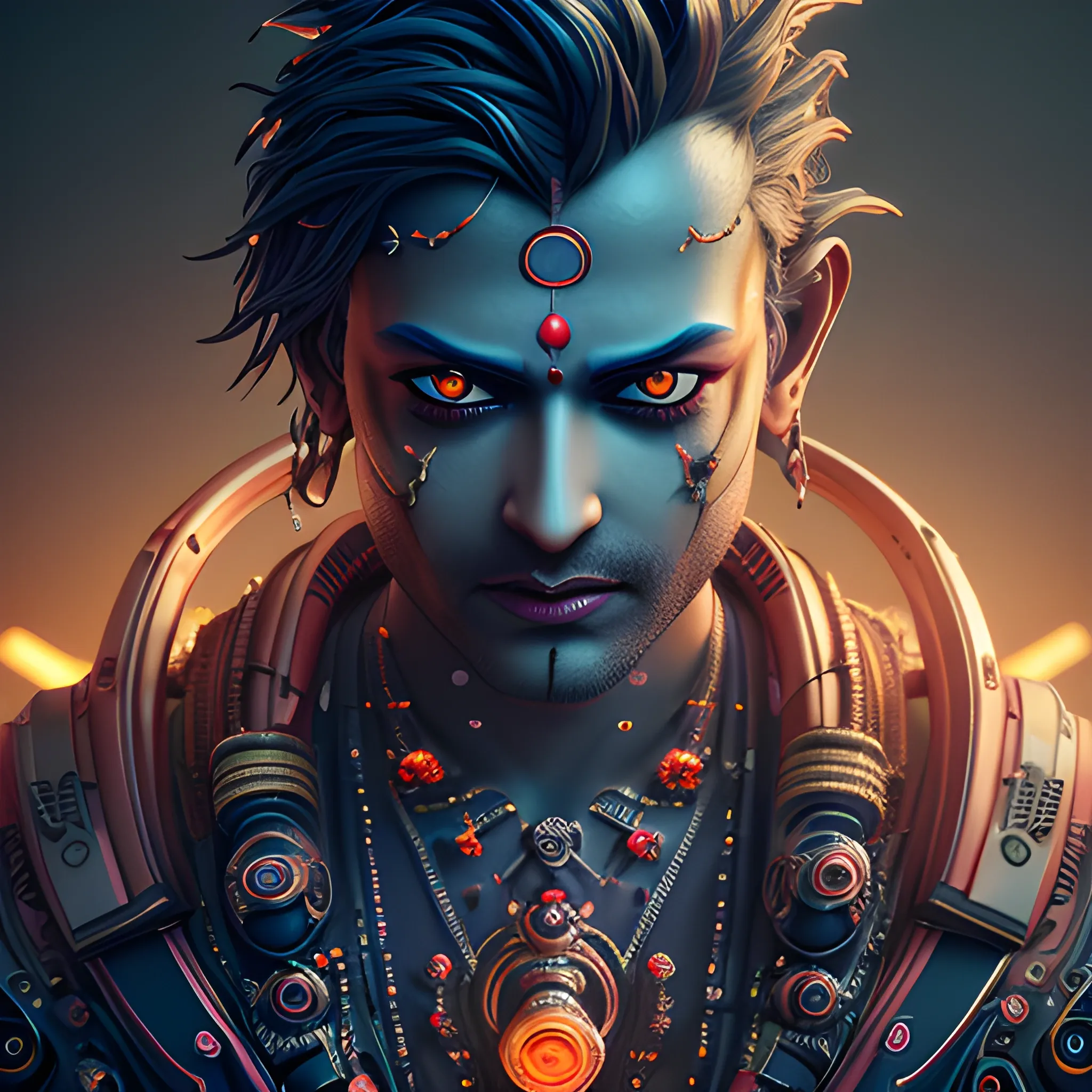 A complex 3D render of a KRISHNA LORD in the night, wings spreaded, dead-center in frame, robotic parts, microchip, ultra detailed wires and cog wheels, lace, electric cables, in a cyberpunk city, furious expression, eyes glowing, breathing smoke, vibrant, esport, epic, celestial, moody, cinematic lighting, 150 mm, lens flare, highly detailed, sharp focus, octane render, HDRI, intense, dramatic, warm colors, fiery effect, professional, IMAX, dark studio, low key, high contrast, flawless detail, award-winning, expertly crafted, detailed pupils, colour grading, post-processed, rim light, hyperrealistic