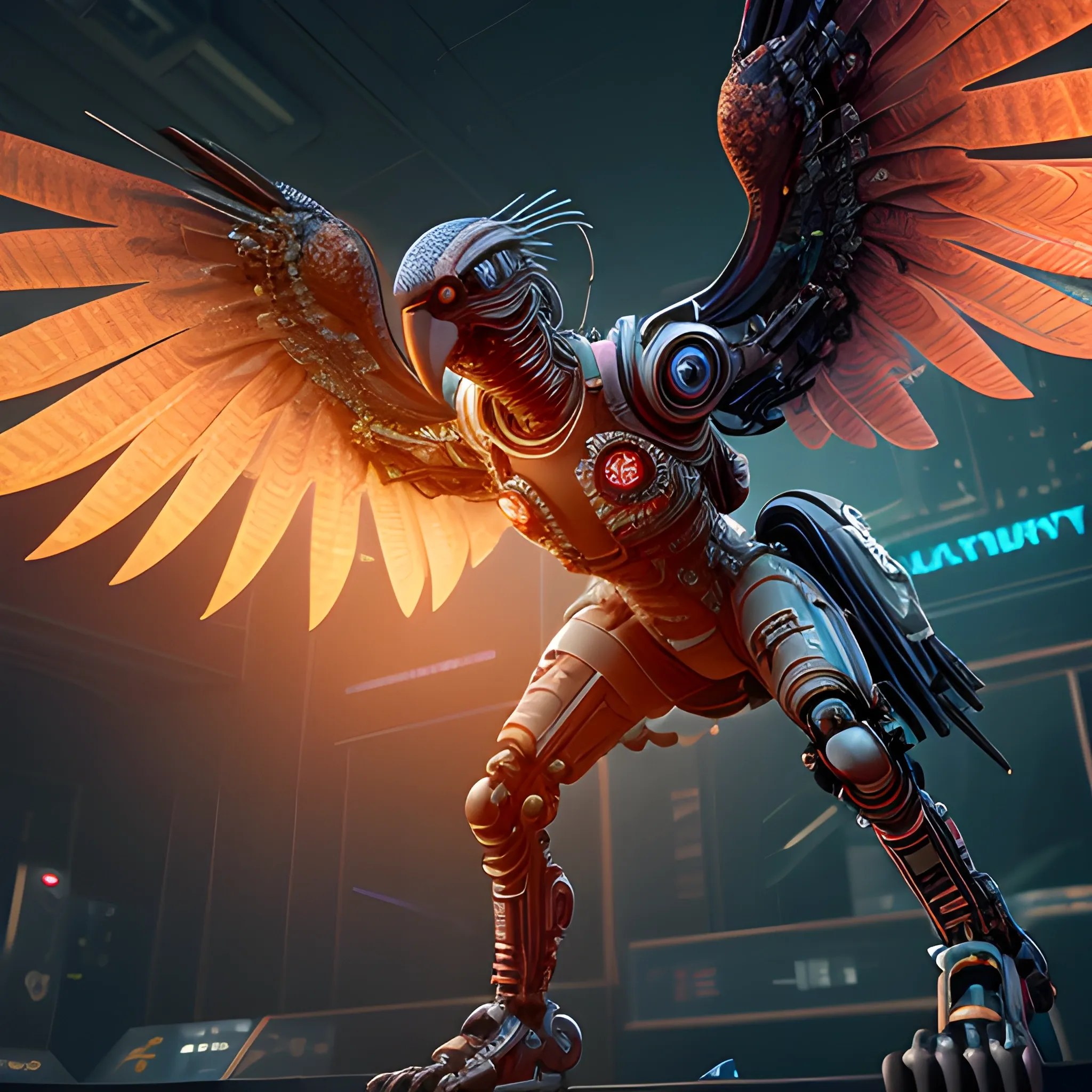 A complex 3D render of a PARROT in the night, wings spreaded, dead-center in frame, robotic parts, microchip, ultra detailed wires and cog wheels, lace, electric cables, in a cyberpunk city, furious expression, eyes glowing, breathing smoke, vibrant, esport, epic, celestial, moody, cinematic lighting, 150 mm, lens flare, highly detailed, sharp focus, octane render, HDRI, intense, dramatic, warm colors, fiery effect, professional, IMAX, dark studio, low key, high contrast, flawless detail, award-winning, expertly crafted, detailed pupils, colour grading, post-processed, rim light, hyperrealistic