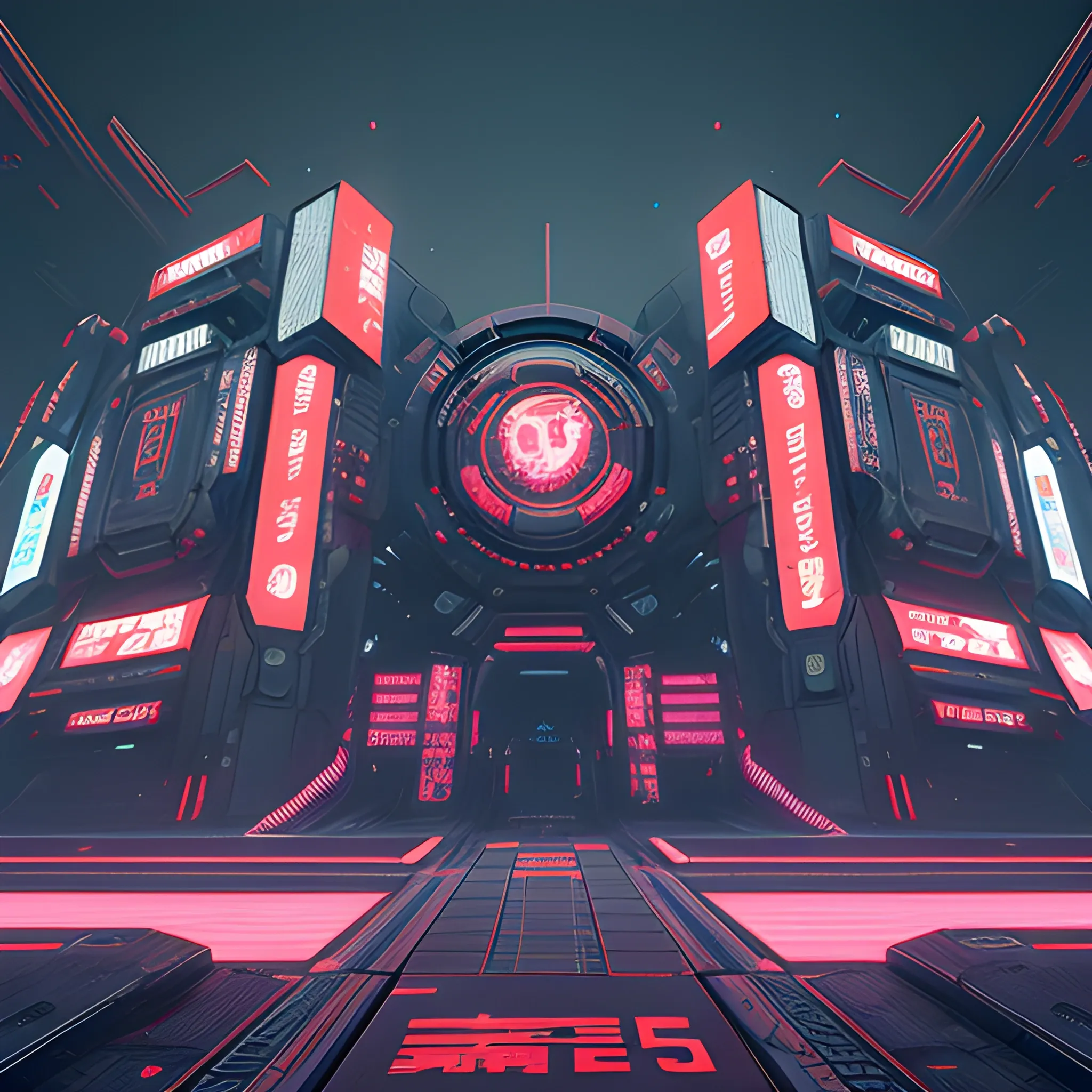 front view. Large border all round. Overlay Japanese type. cyberpunk arena, abstract, cgsociety, deconstructivism, darksynth, behance hd, environment, dystopian art --ar 9:16 --q 2 --v 5.1