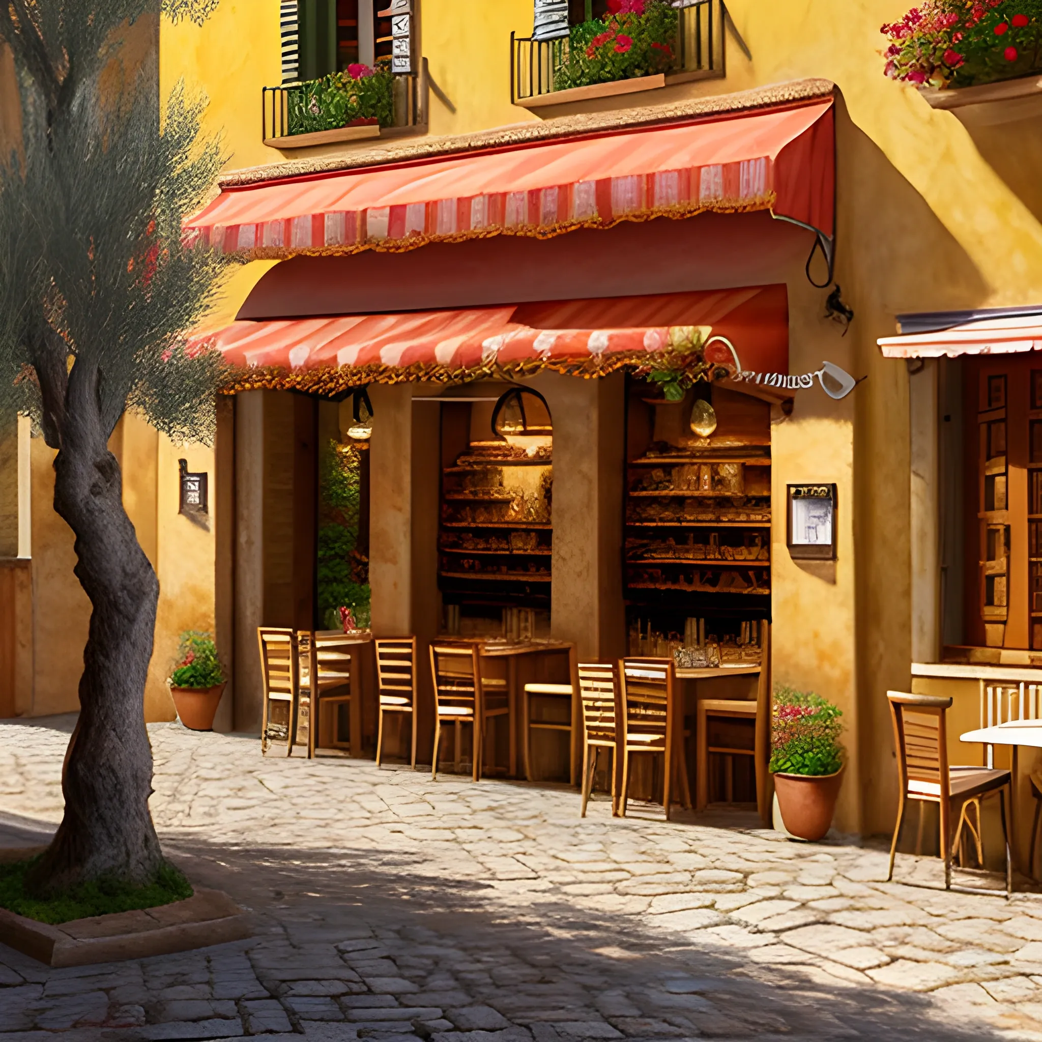 a traditional pizzeria in the street of a small village on the riviera. a terrace in the shade of a hundred - year - old olive tree, a friendly atmosphere around pizzas and rose wine. dolce vita. unreal engine rendering, hyper realist, ultra detailed, oil painting, warm colors, happy, impressionism, da vinci, 