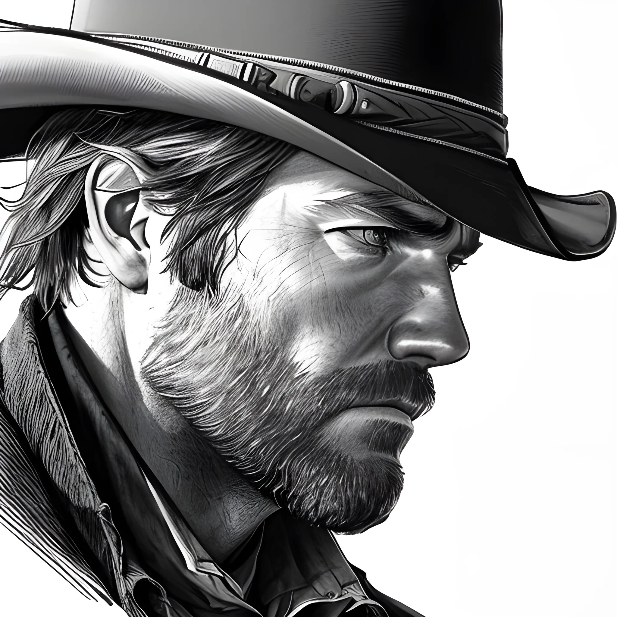 , Pencil Sketch, red, arthur morgan, rdr2, face only, intense, looking away, side angle, view of cheek

