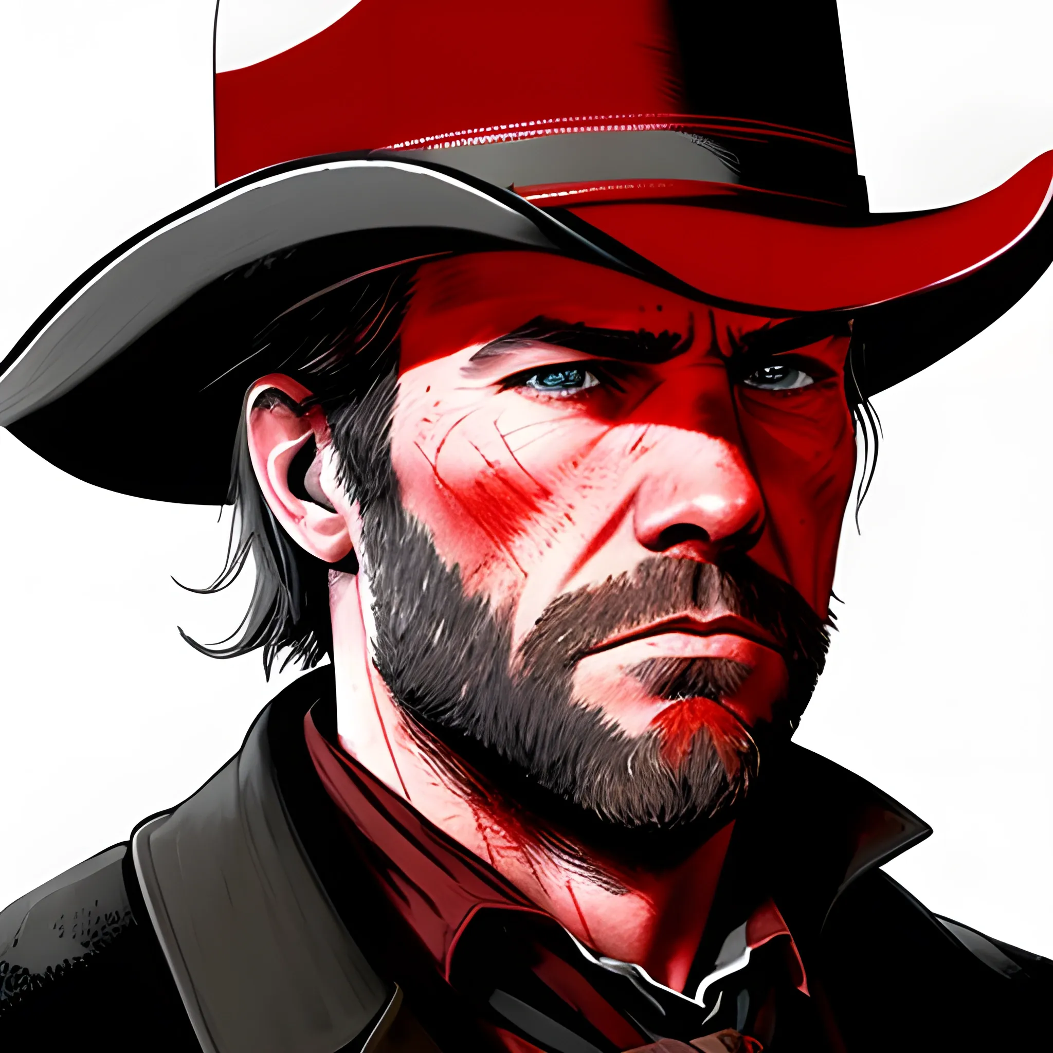 , Pencil Sketch, red, arthur morgan, rdr2, face only, intense, looking away, side angle, view of cheek, coloured in red and black
