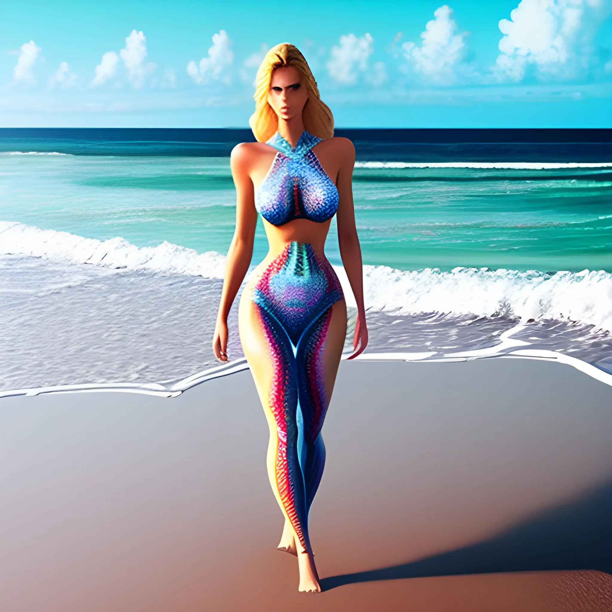A beautiful girl walking on the beach, with intrinsic realistic details, Trippy