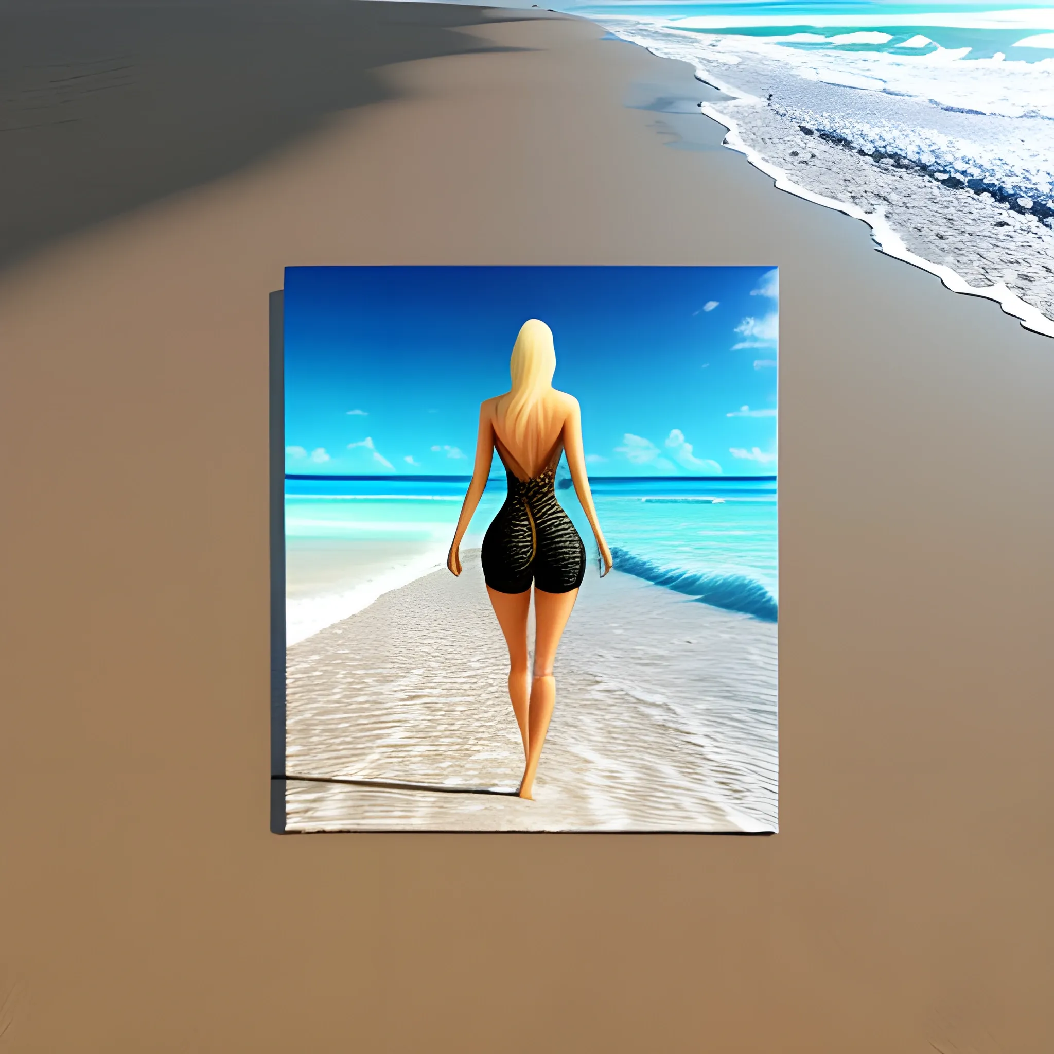 A beautiful girl walking on the beach, with intrinsic realistic details, Trippy, 3D