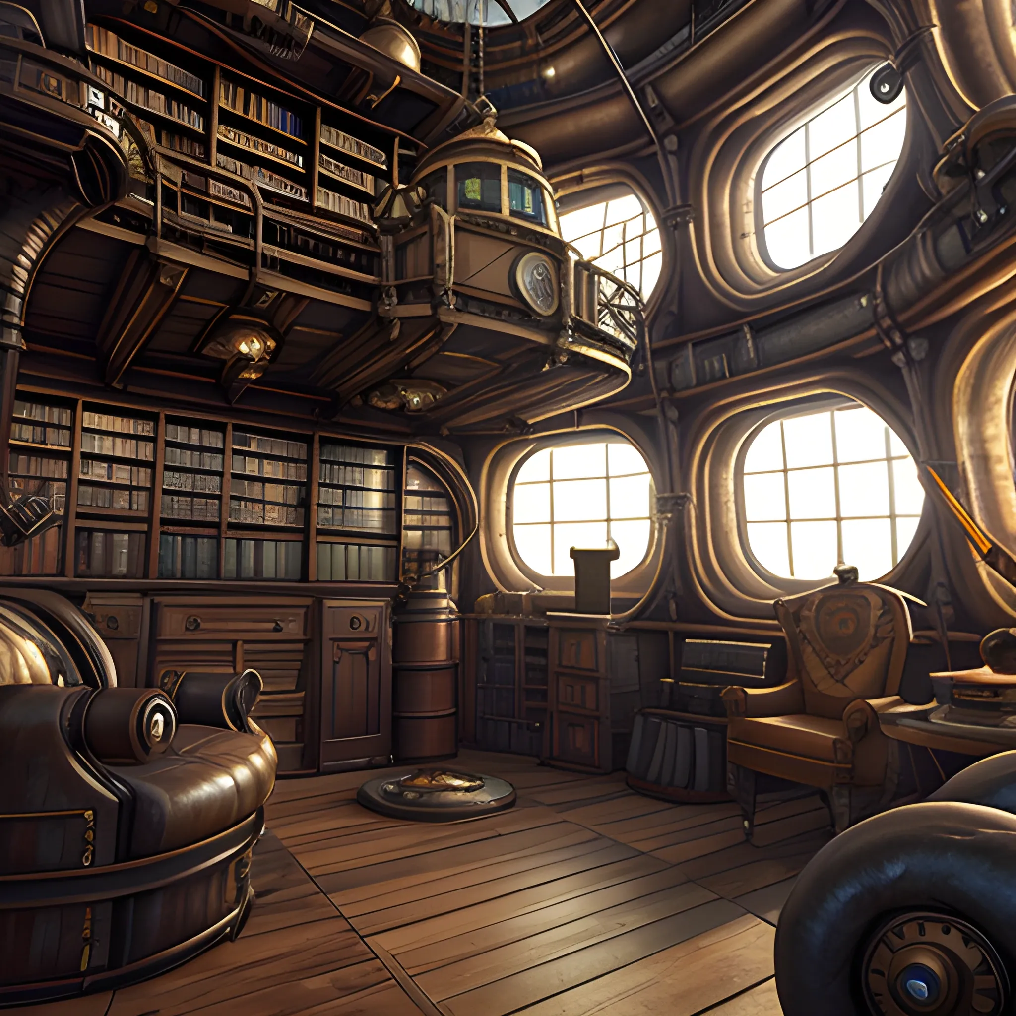 steampunk library in an airship, film quality, unreal engine, matte, award-winning, beautiful studio Darklight