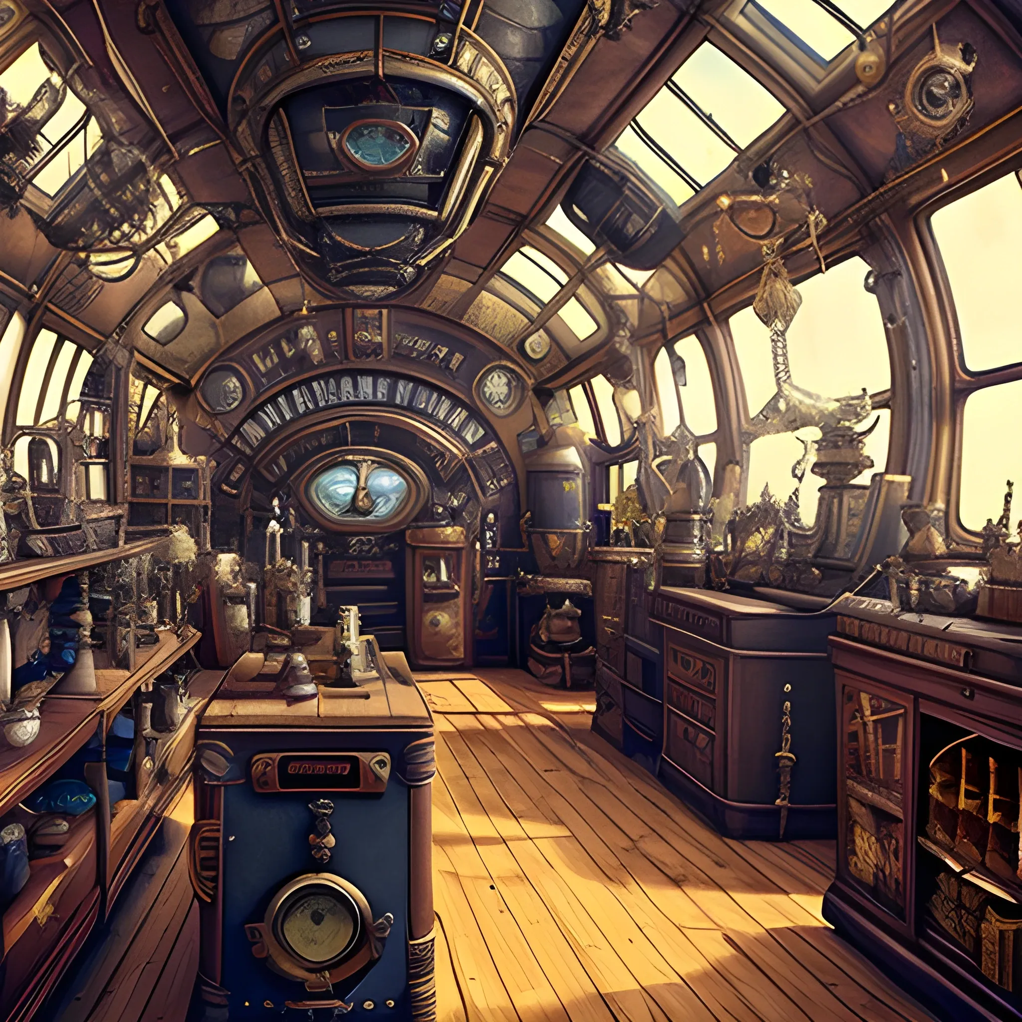 steampunk antique store in an airship, filled with cartoony taxidermy，film quality, unreal engine, matte, award-winning, beautiful studio Darklight