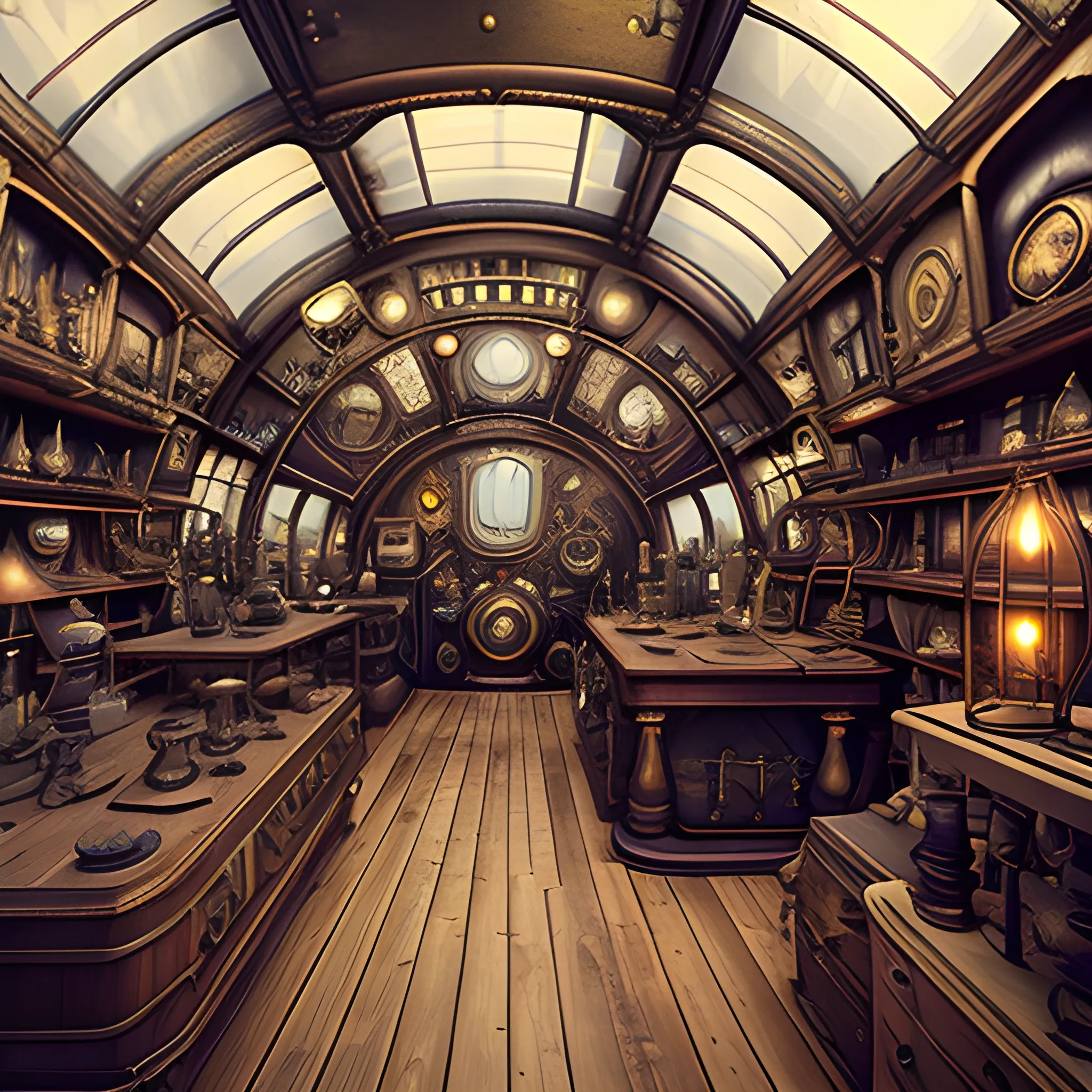 steampunk antique store in an airship, filled with taxidermy，film quality, unreal engine, matte, award-winning, beautiful studio Darklight