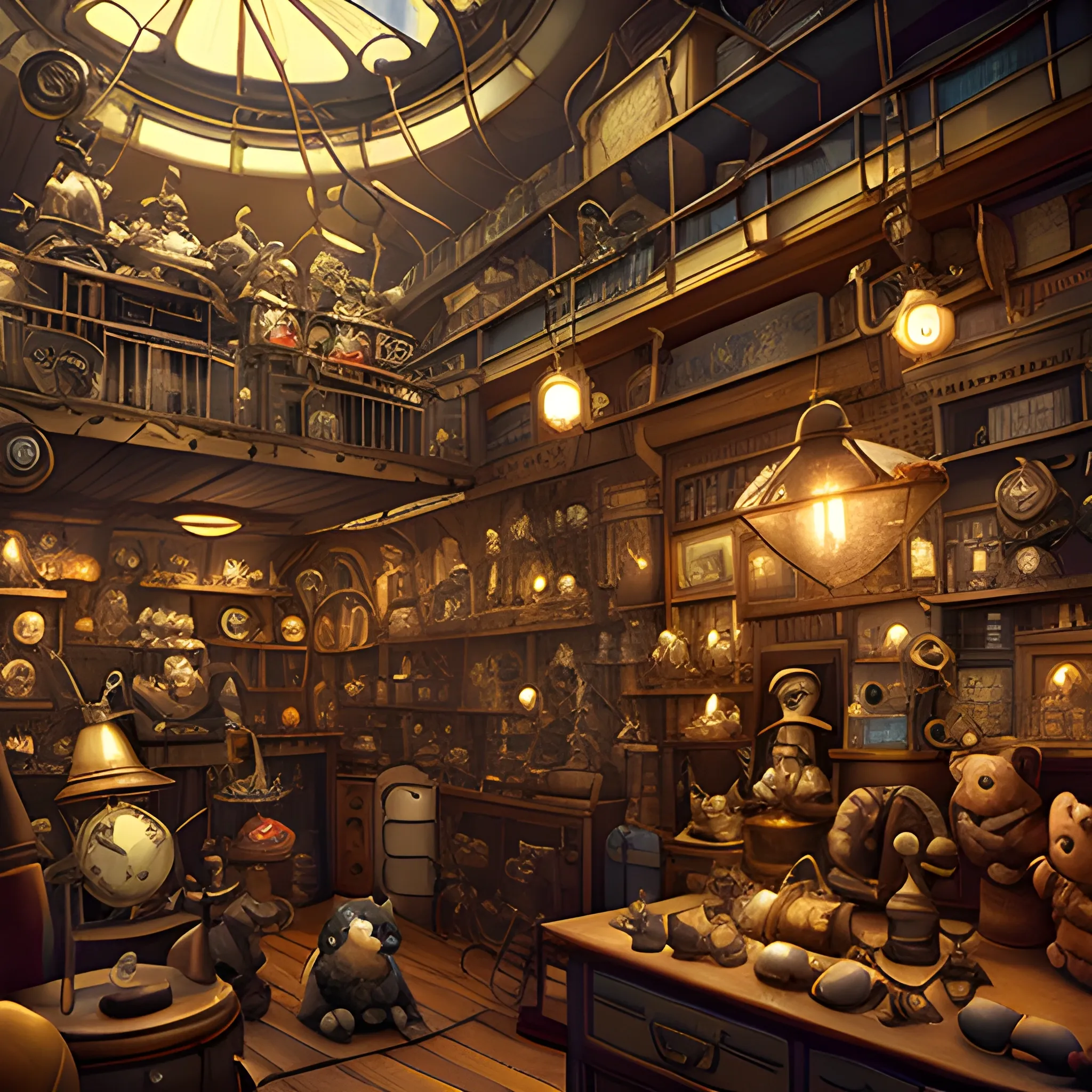 Stuffed toys filled a steampunk antique store in an airship, film quality, unreal engine, matte, award-winning, beautiful studio Darklight