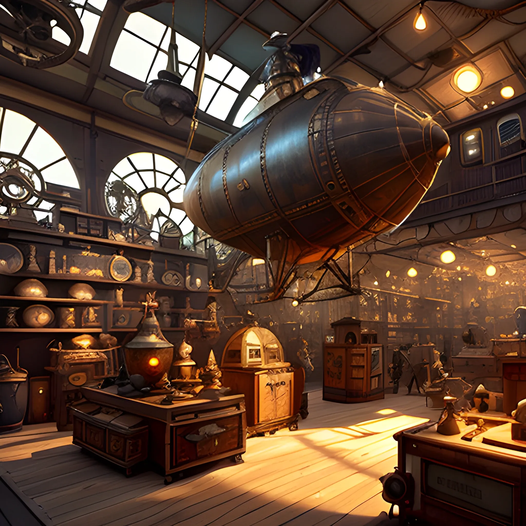Oversized stuffed toys filled a steampunk antique store in an airship, film quality, unreal engine, matte, award-winning, beautiful studio Darklight