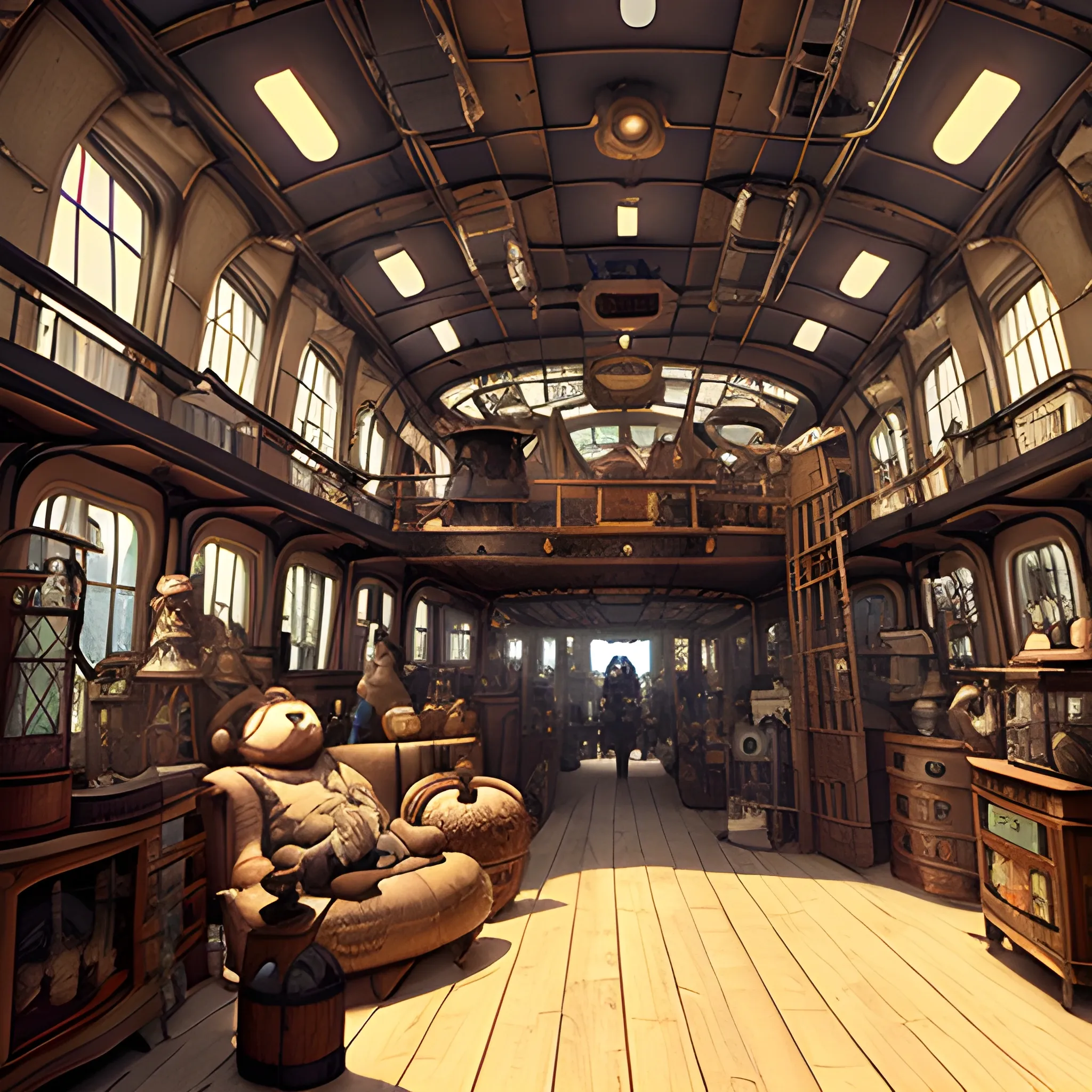 Oversized stuffed animals filled a steampunk antique store in an airship, film quality, unreal engine, matte, award-winning, beautiful studio Darklight