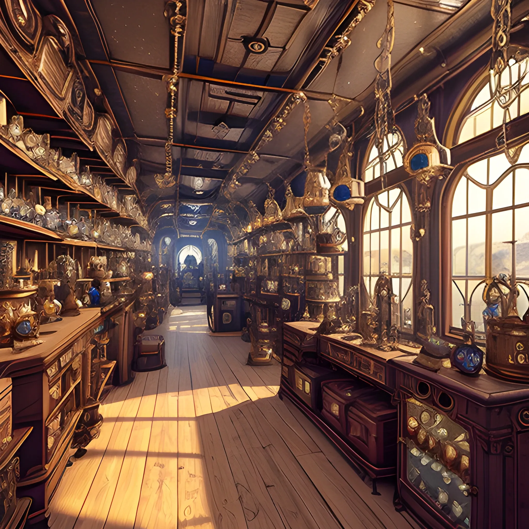Exquisite and sparkling  jewelry filled a steampunk antique store in an airship, film quality, unreal engine, matte, award-winning, beautiful studio Darklight