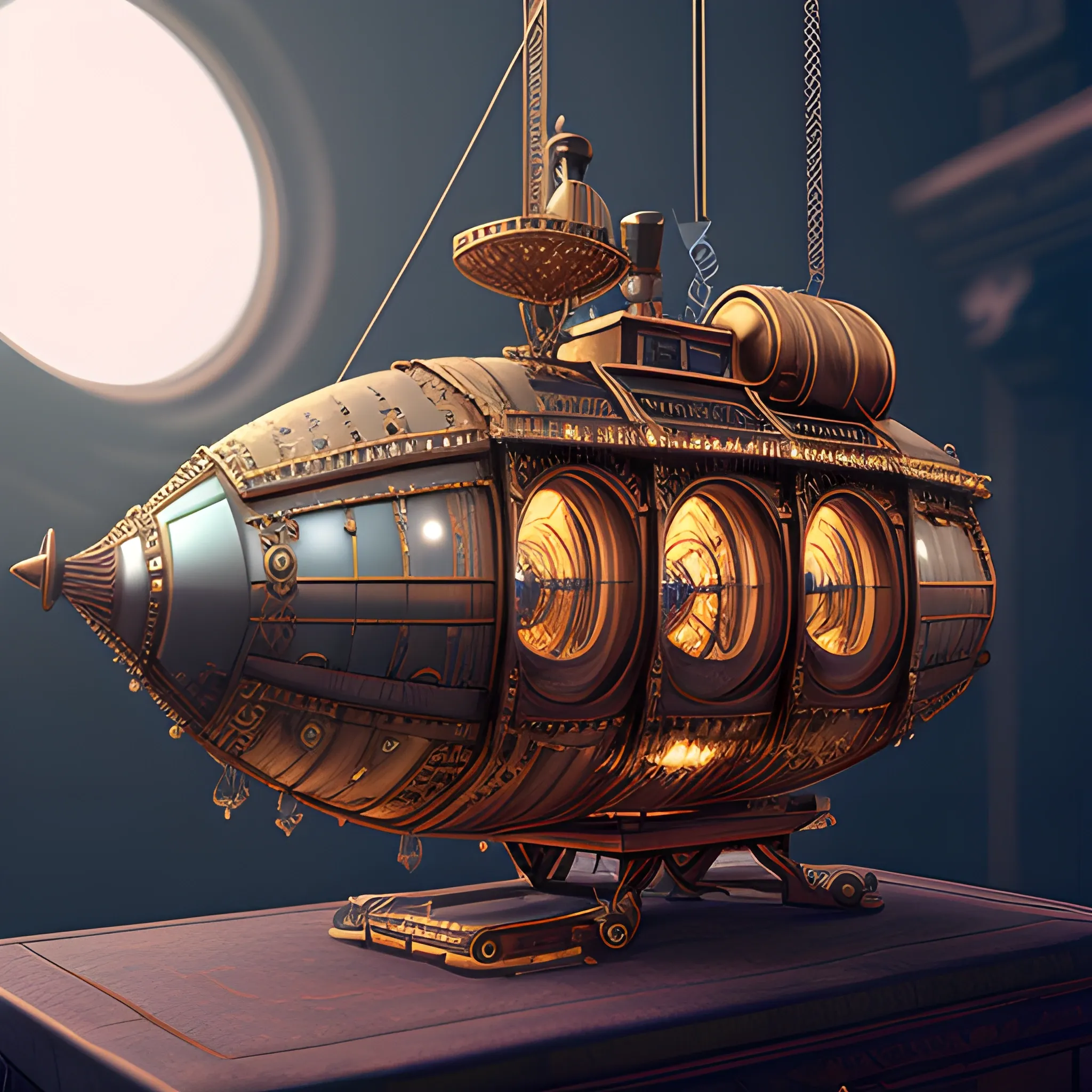 Exquisite and sparkling  jewelry filled a steampunk antique  airship, film quality, unreal engine, matte, award-winning, beautiful studio Darklight