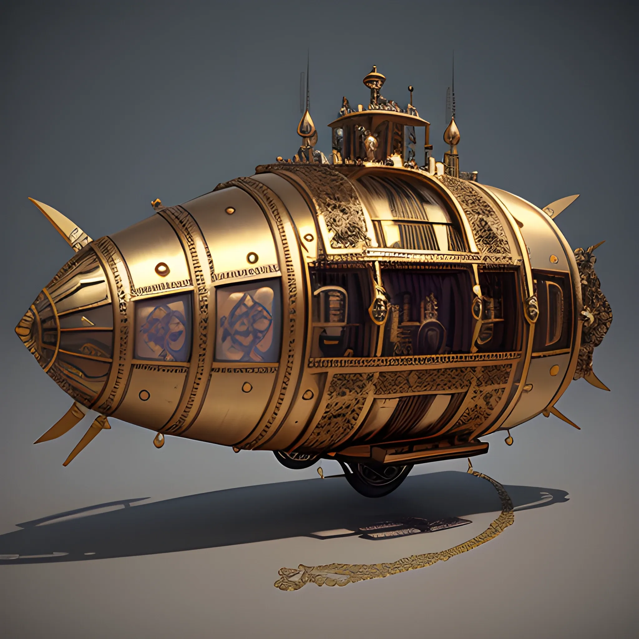 Exquisite and sparkling  jewelry filled a steampunk intricate antique  airship, film quality, unreal engine, matte, award-winning, beautiful studio Darklight