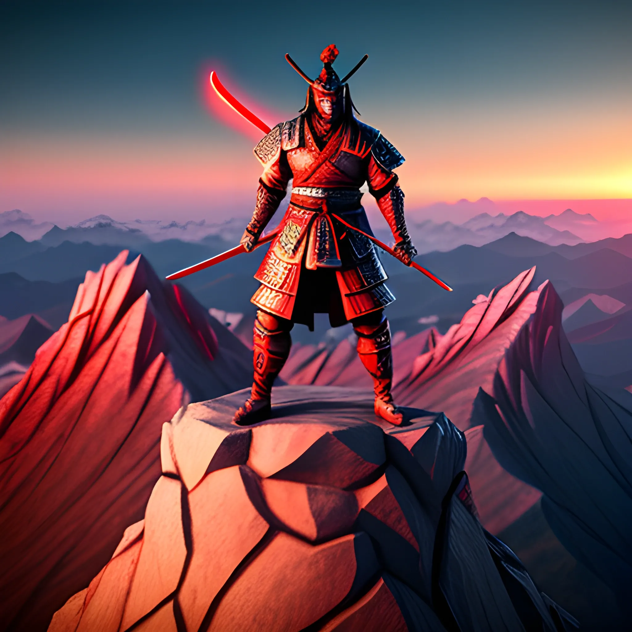 Samurai at the top of the mountain, the sun is going down and blood colour sky with small clouds, 16-bit, Cinematic, Colorful, Evil, 3D Render, 3D Model, 3D Sculpt, Blender Model, Unreal Engine, Cinema4d Model,