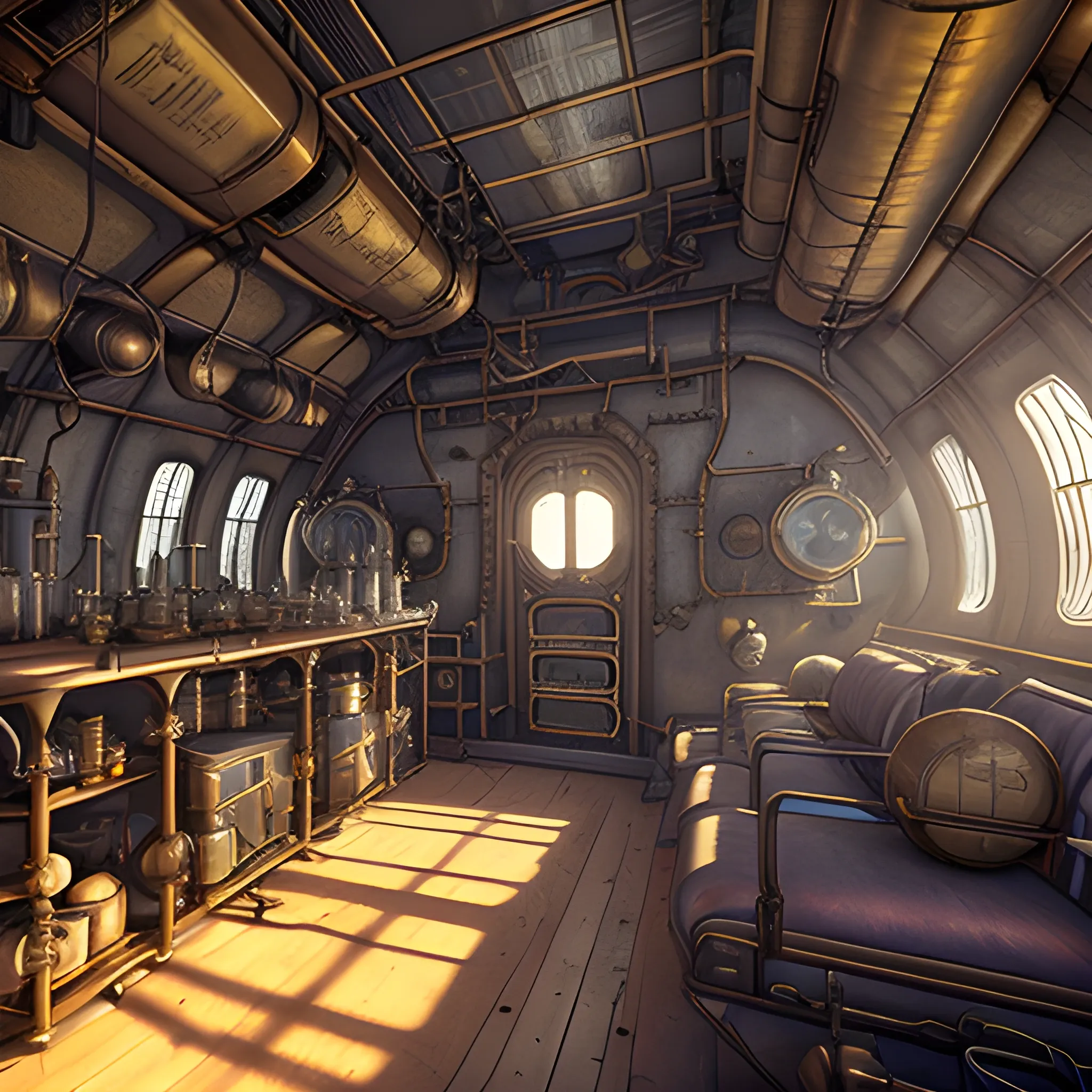 interior of steampunk chem lab in an airship, film quality, unreal engine, matte, award-winning, beautiful studio Darklight