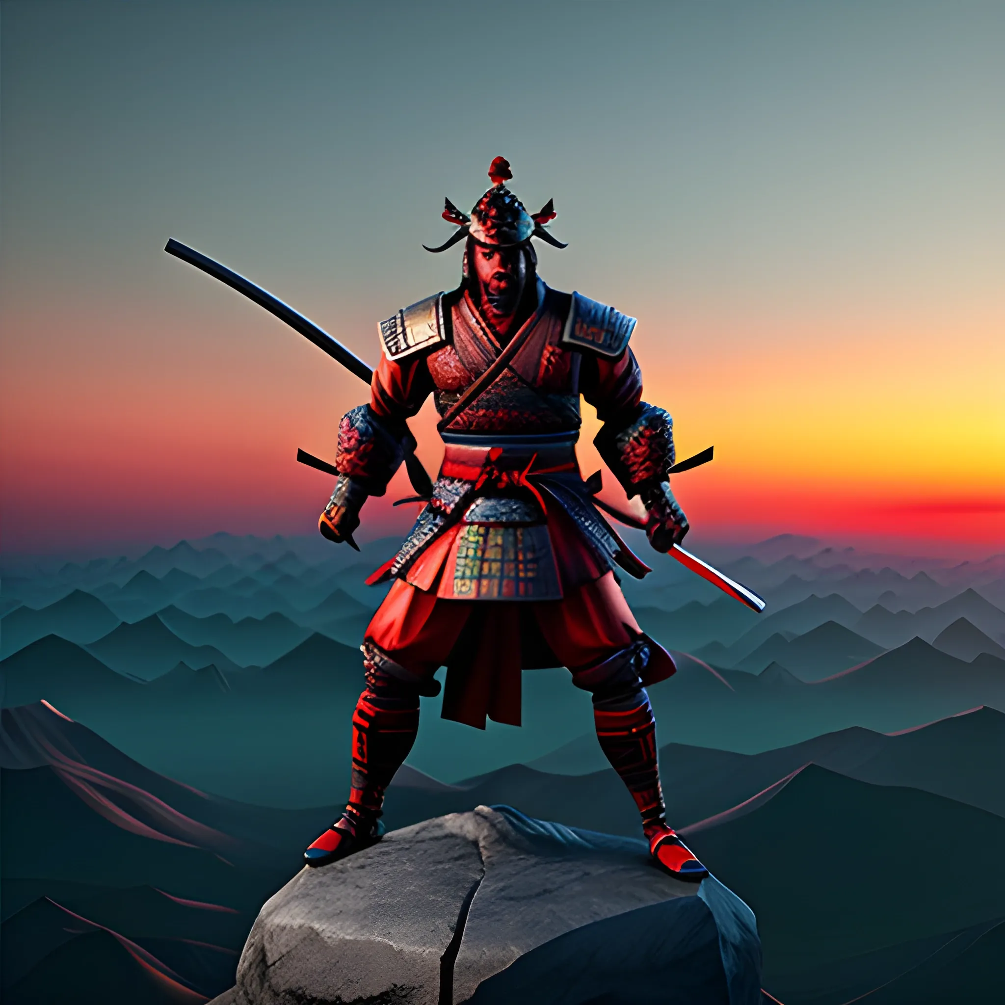 Samurai at the top of the mountain, the sun is going down and blood colour sky with small clouds, 16-bit, Cinematic, Colorful, Evil, 3D Render, 3D Model, 3D Sculpt, Blender Model, Unreal Engine, Cinema4d Model,
