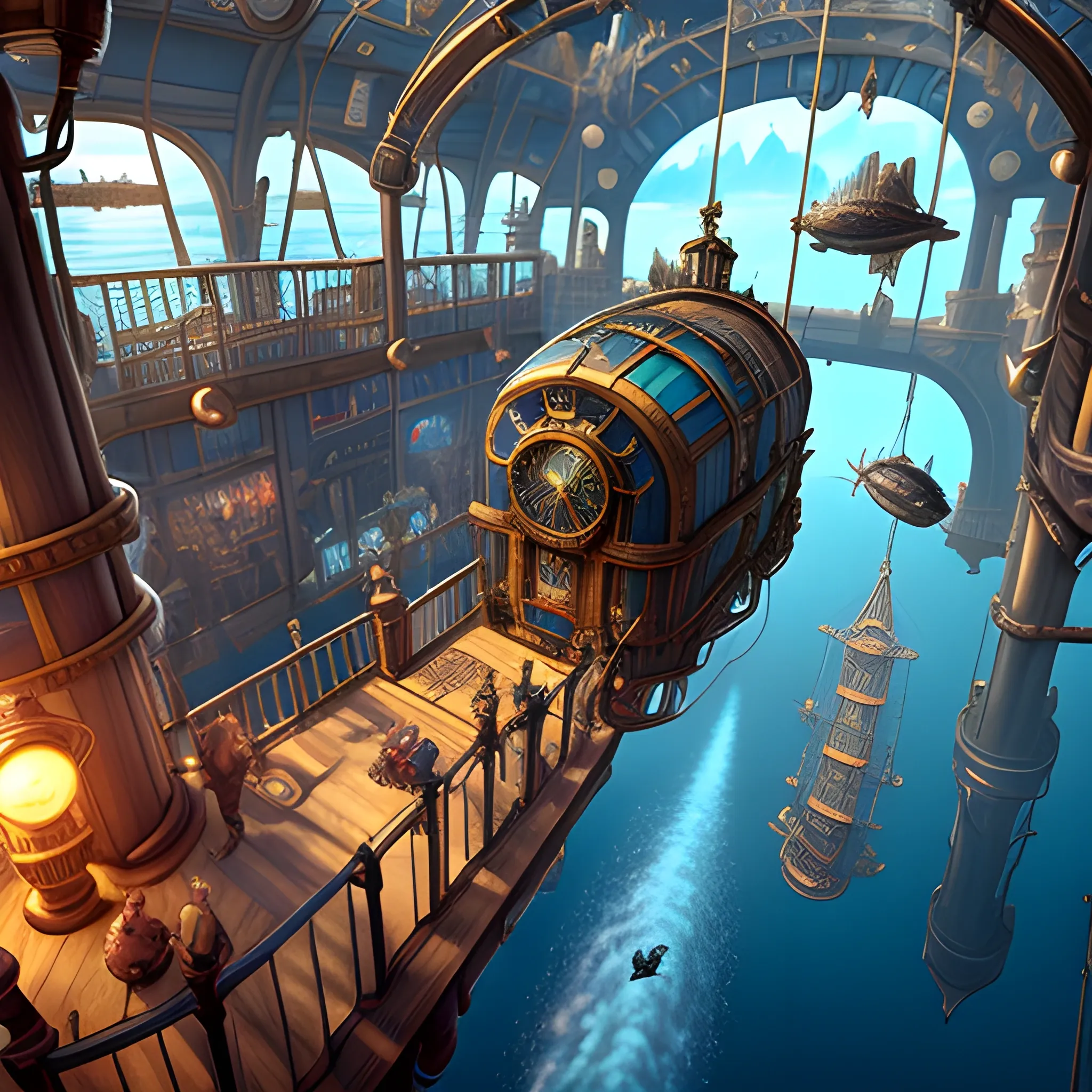 masterpiece, steampunk SeaWorld in an airship, film quality, unreal engine, matte, award-winning, beautiful studio Darklight
