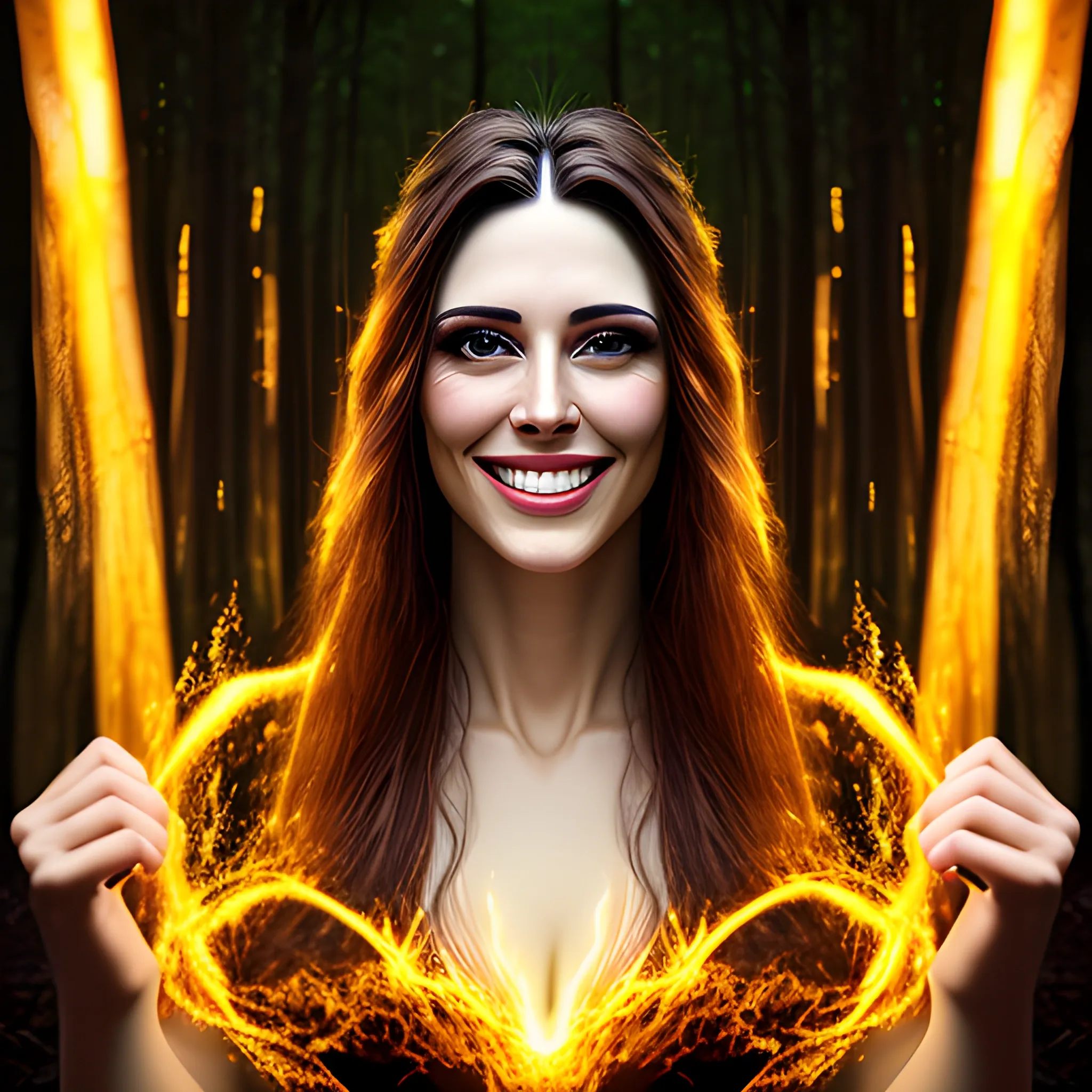 Best Quality, Masterpiece, Ultra High Resolution, (Realisticity:1.4), Original Photo, Cinematic Lighting, 1girl, deep forest, smile, light painting