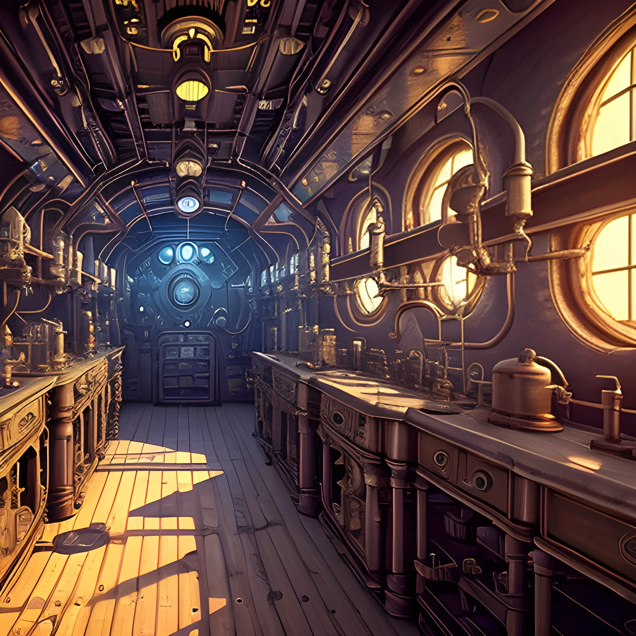 (extremely intricate: 1.3), interior of steampunk chem lab in a submarine, film quality, unreal engine, matte, award-winning, beautiful studio Darklight
