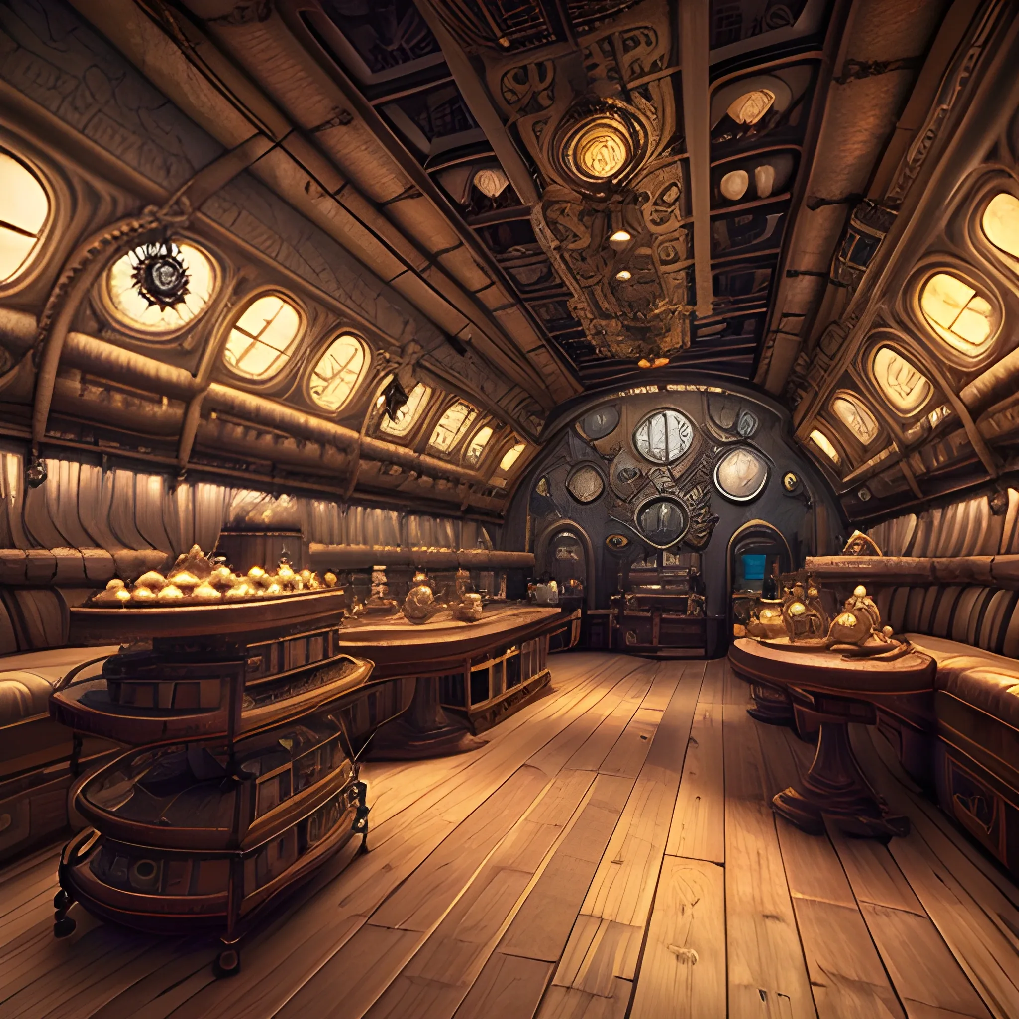 (extremely intricate: 1.3), interior of steampunk bakery in an airship, film quality, unreal engine, matte, award-winning, beautiful studio Darklight
