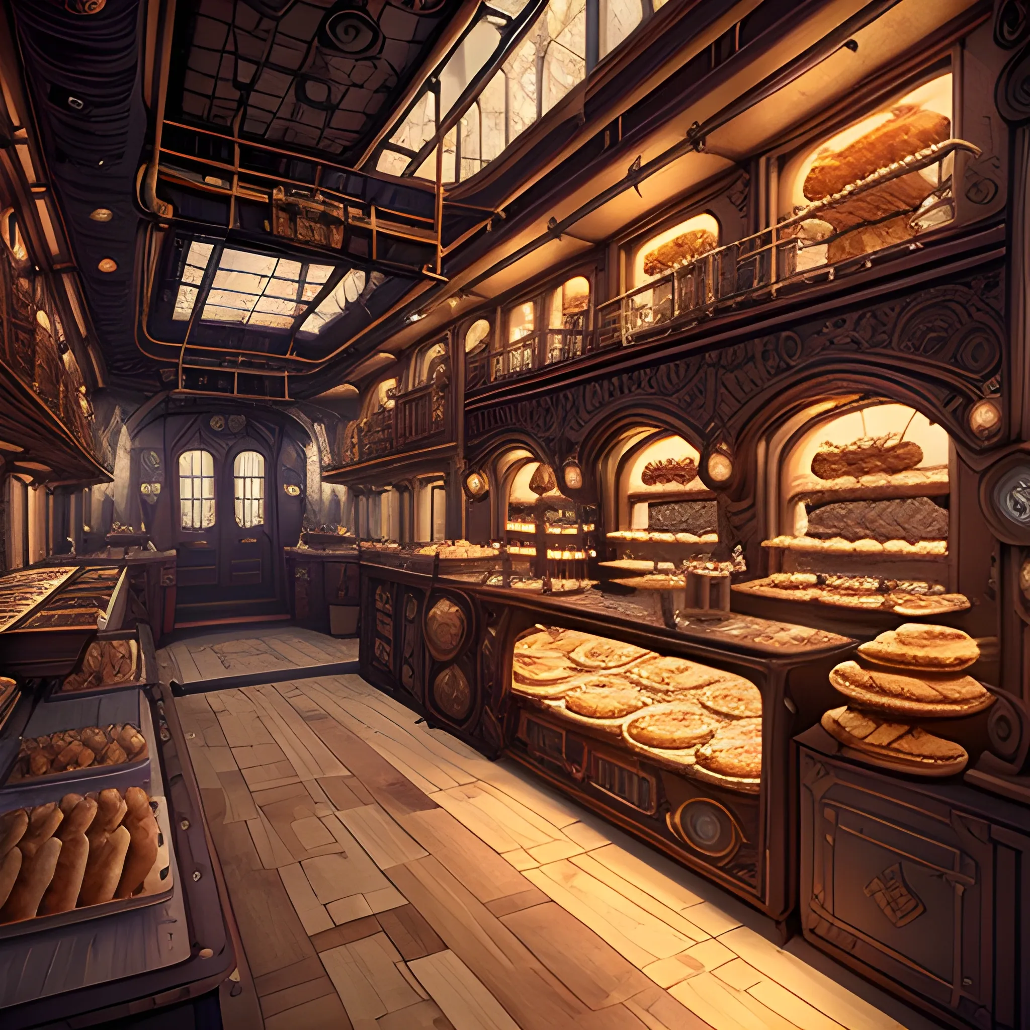 (extremely intricate: 1.3), bakery in a steampunk airship, film quality, unreal engine, matte, award-winning, beautiful studio Darklight
