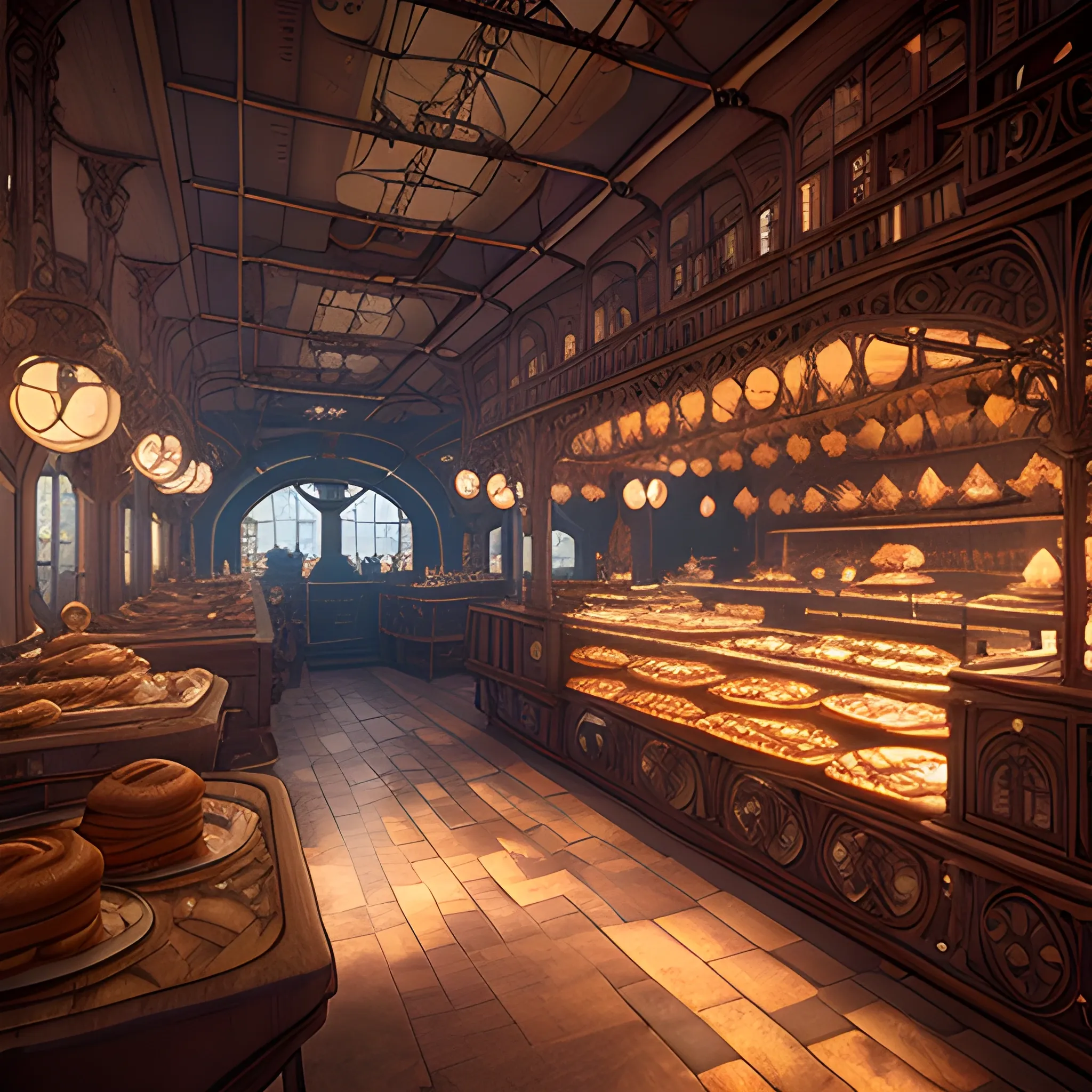 (extremely intricate: 1.3), bakery in a romantic steampunk airship, film quality, unreal engine, matte, award-winning, beautiful studio Darklight
