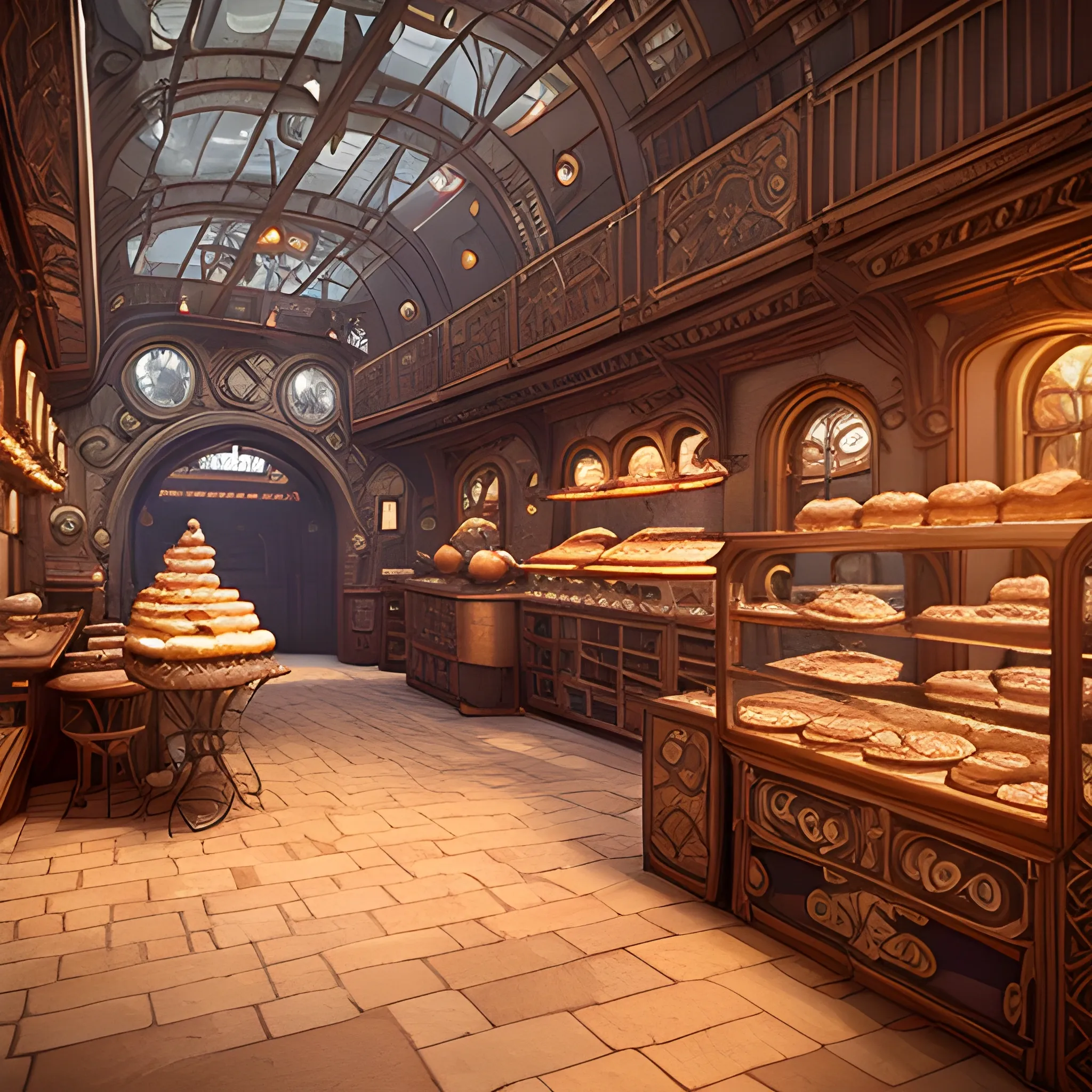 (extremely intricate: 1.3), bakery in a nostalgic steampunk airship, film quality, unreal engine, matte, award-winning, beautiful studio Darklight
