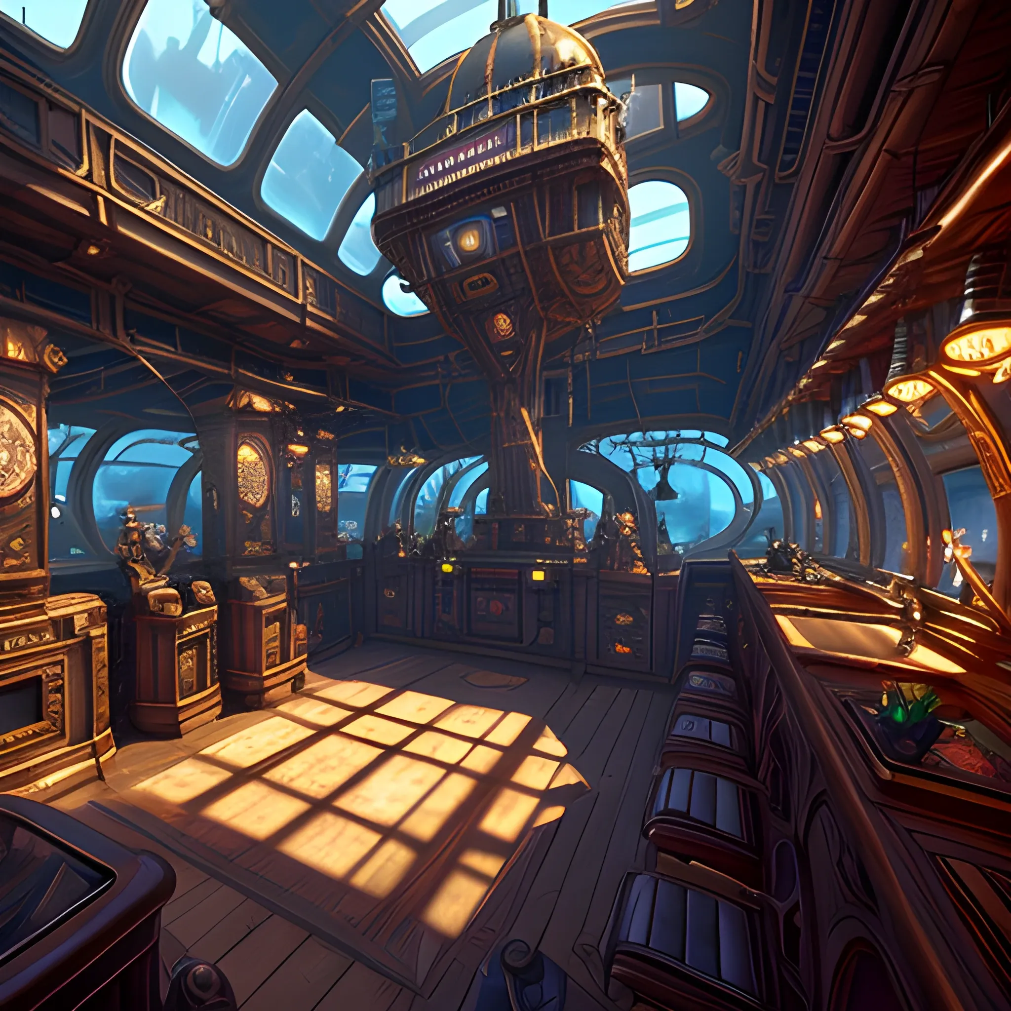 masterpiece, steampunk aquarium in an airship, film quality, unreal engine, matte, award-winning, beautiful studio Darklight
