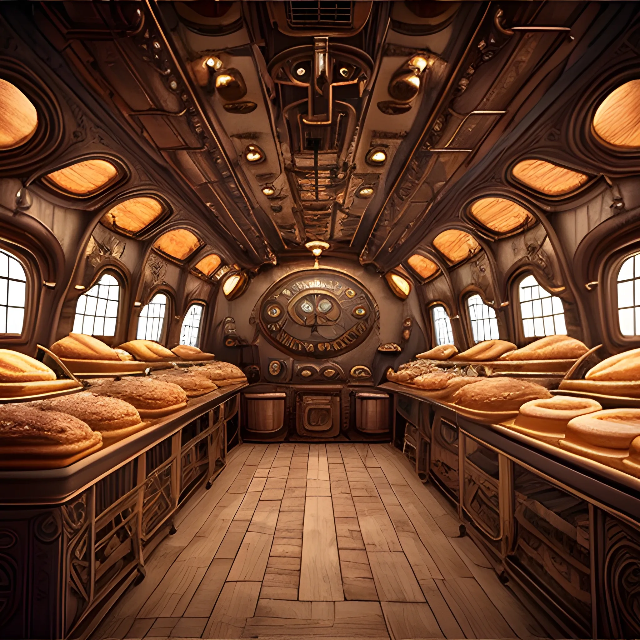(extremely intricate: 1.3), bakery in a nostalgic steampunk airship, film quality, unreal engine, matte, award-winning, beautiful studio Darklight
