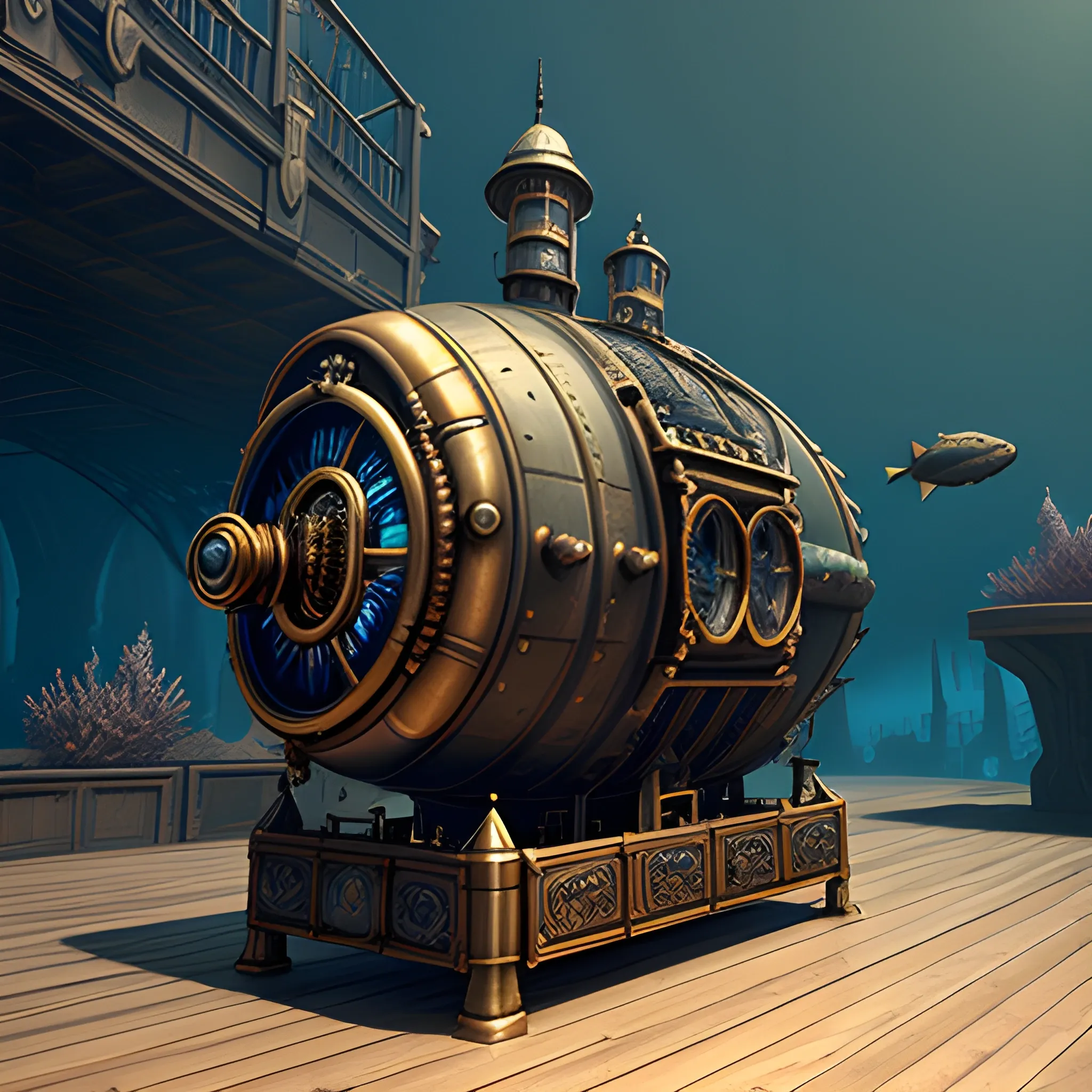 masterpiece, steampunk aquarium in an airship, film quality, unreal engine, matte, award-winning, beautiful studio Darklight