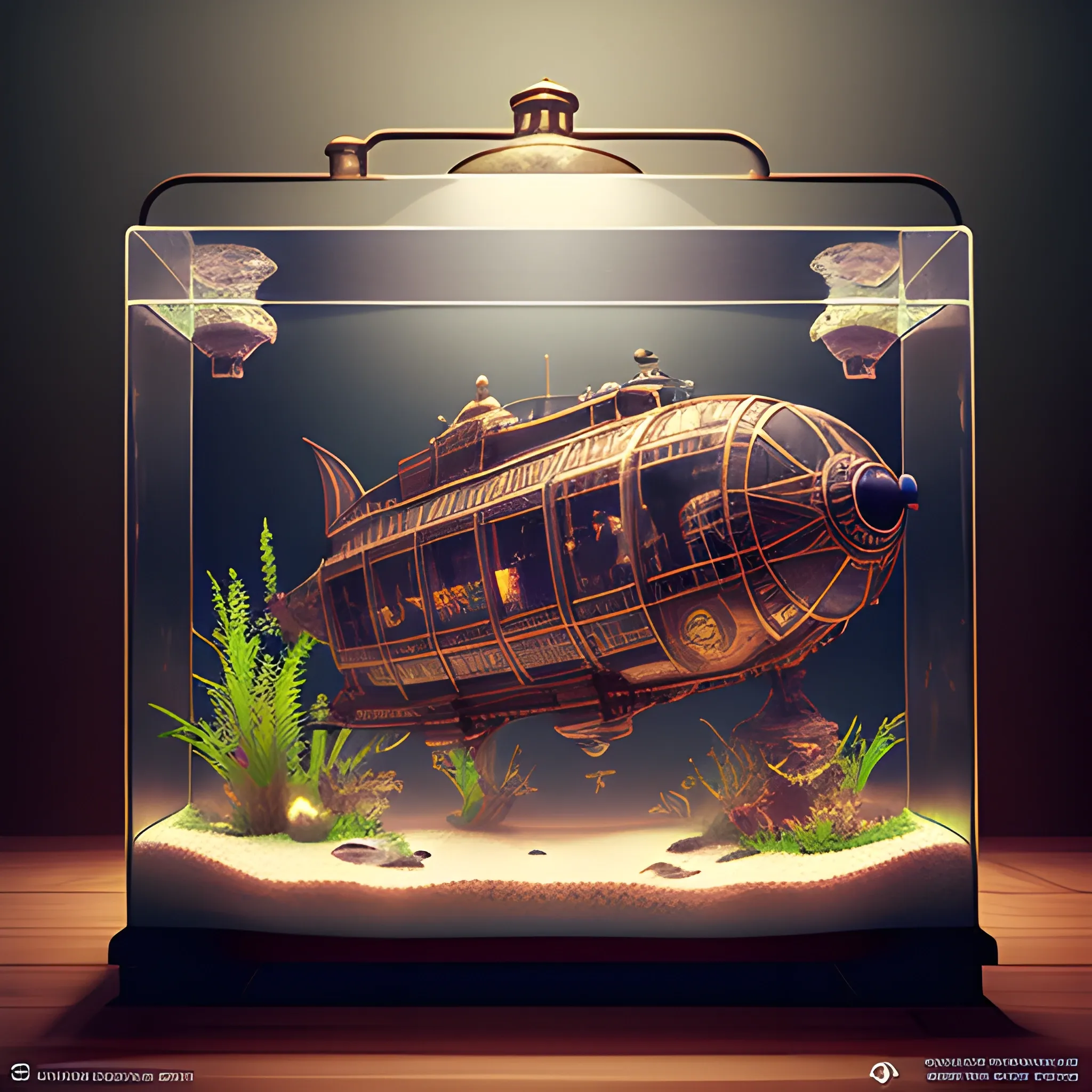 masterpiece, steampunk glass aquarium in an airship, film quality, unreal engine, matte, award-winning, beautiful studio Darklight