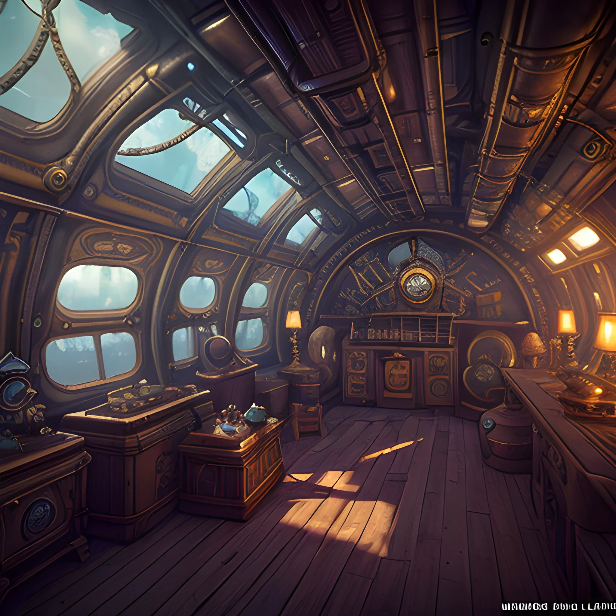 masterpiece, steampunk aquarium inside an airship, film quality, unreal engine, matte, award-winning, beautiful studio Darklight
