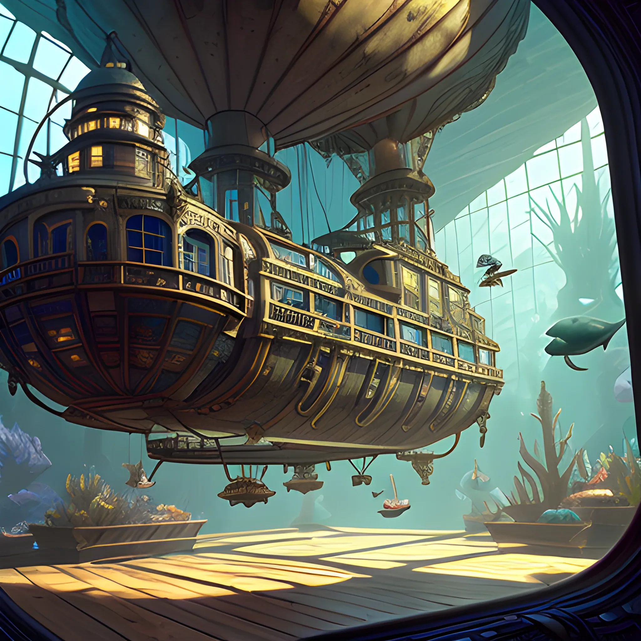 masterpiece, aquarium inside a steampunk airship, film quality, unreal engine, matte, award-winning, beautiful studio Darklight

