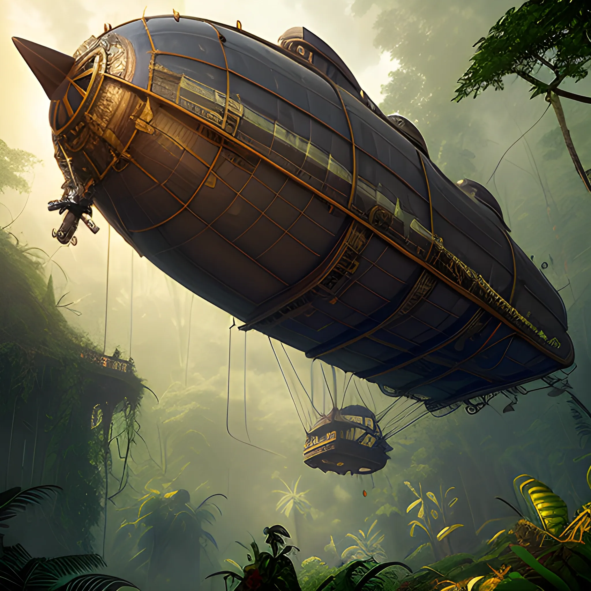 masterpiece, steampunk airship crashed in rainforest, film quality, unreal engine, matte, award-winning, beautiful studio Darklight
