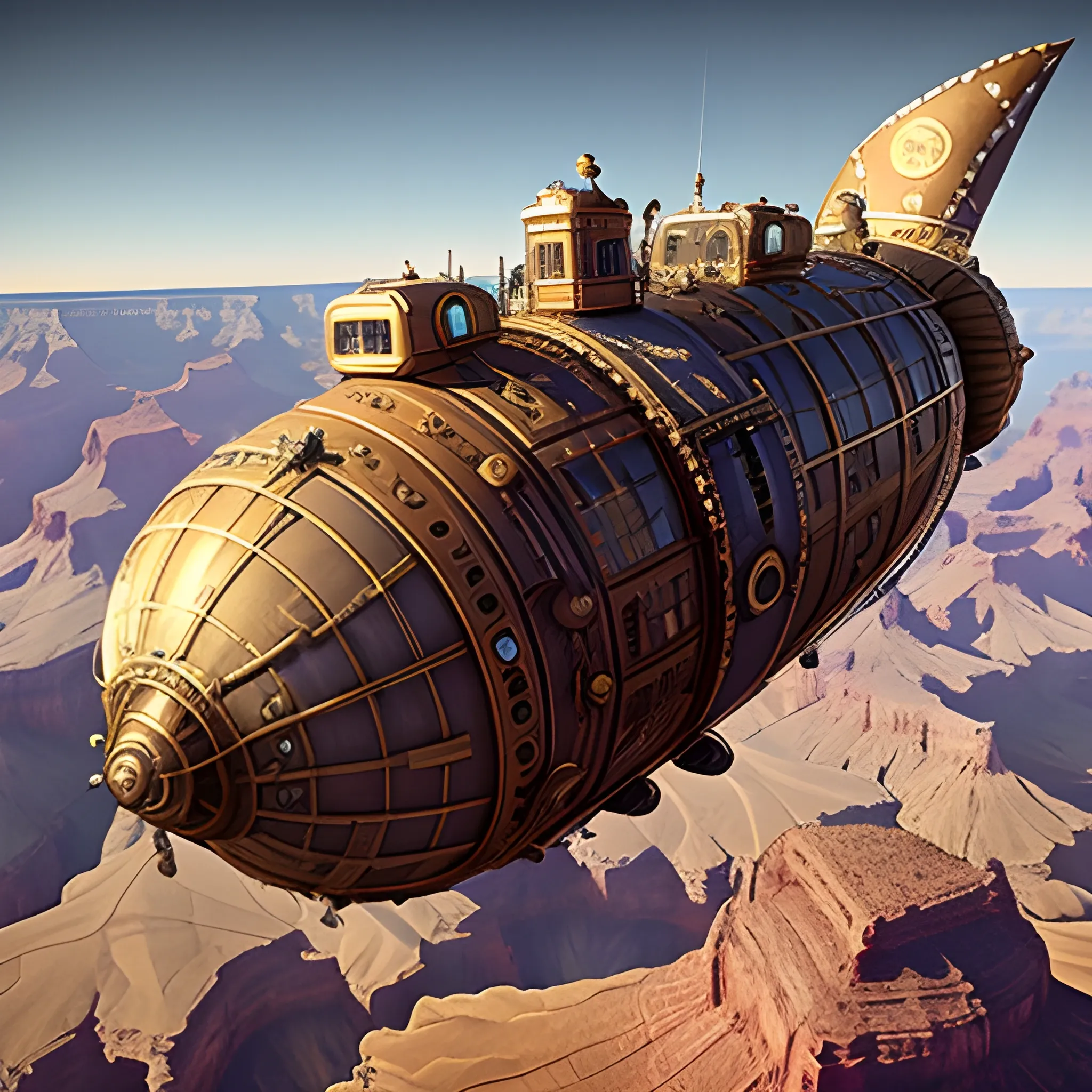 masterpiece, steampunk airship flying over the Grand Canyon, film quality, unreal engine, matte, award-winning, beautiful studio Darklight
