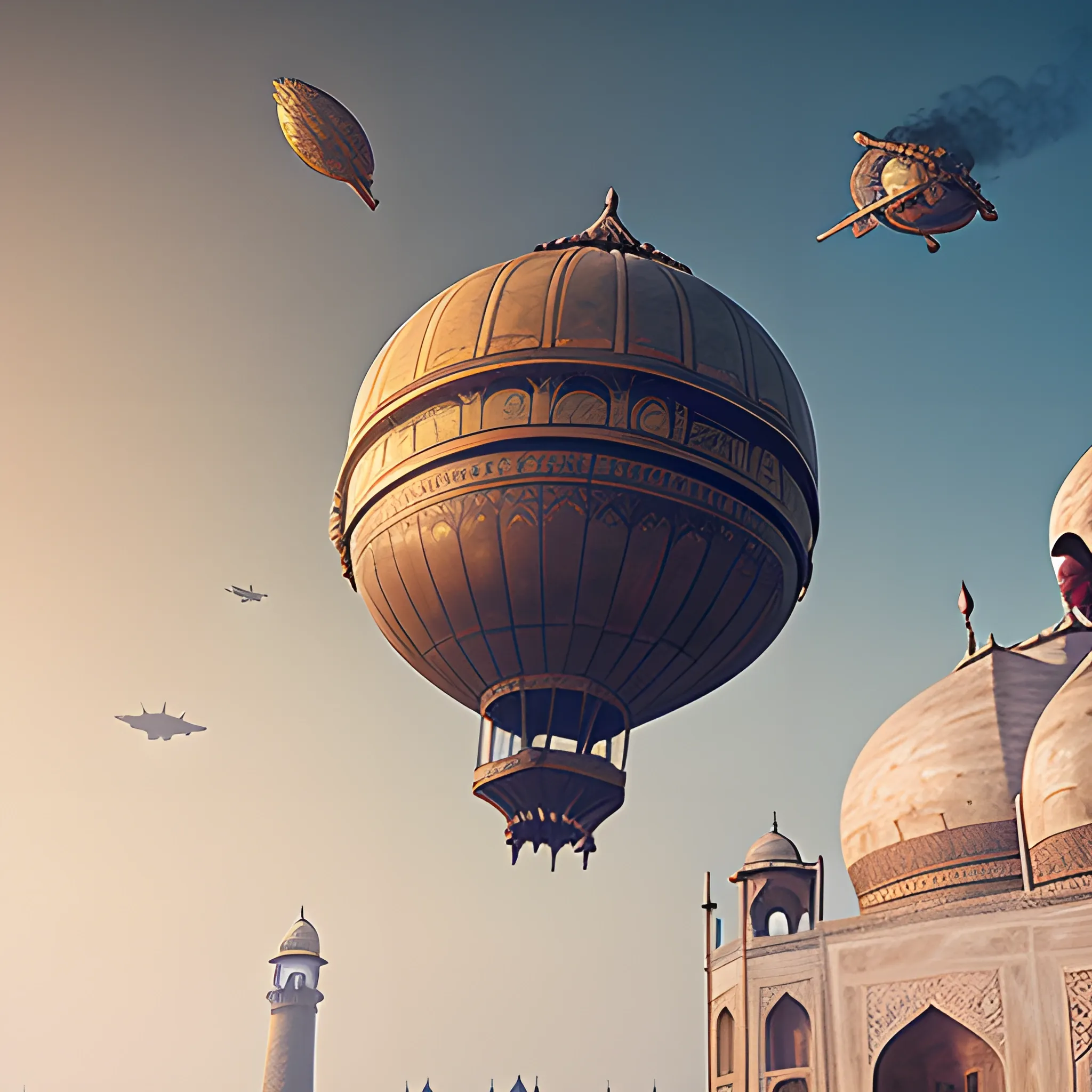masterpiece, steampunk airship flying over the Taj Mahal, film quality, unreal engine, matte, award-winning, beautiful studio Darklight
