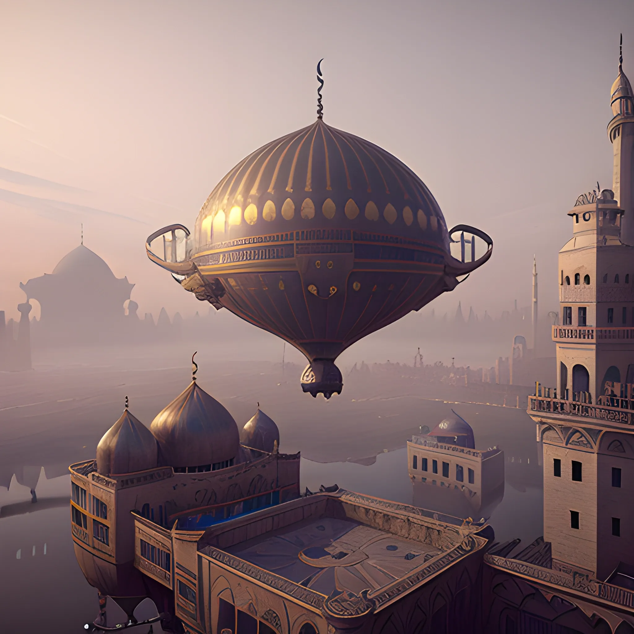 masterpiece, oval-shaped steampunk airship flying over the Grand Mosque, film quality, unreal engine, matte, award-winning, beautiful studio Darklight
