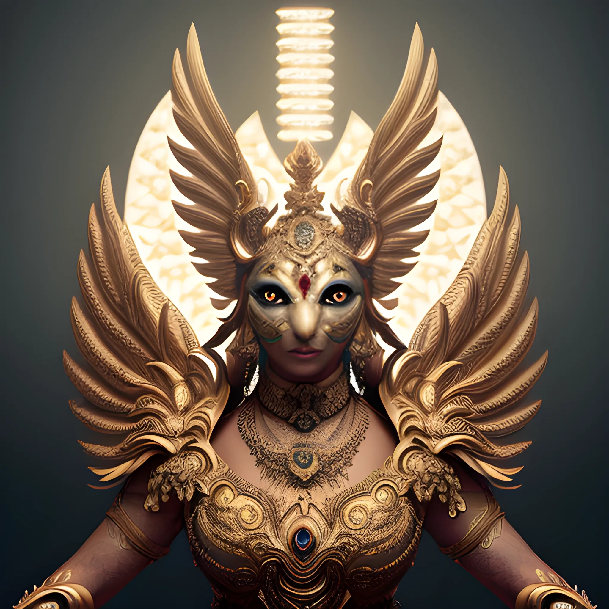 A detailed and intricate digital art piece in a cinematic style, this ultra high resolution portrait of a powerful garuda pancasila is a true masterpiece. The beautiful lighting and playful design make it a trend-setter on ArtStation. A true award-winning work., Trippy, 3D