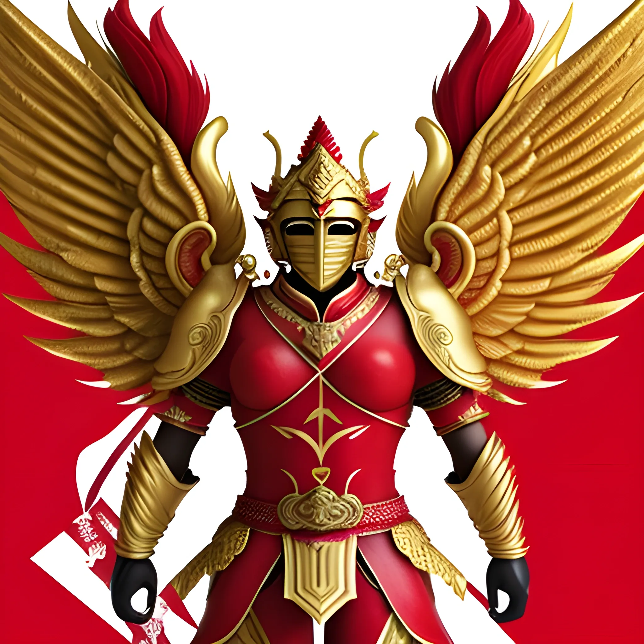 the mascot of the Garuda warrior with golden wings and red and white armor, red and white flag background