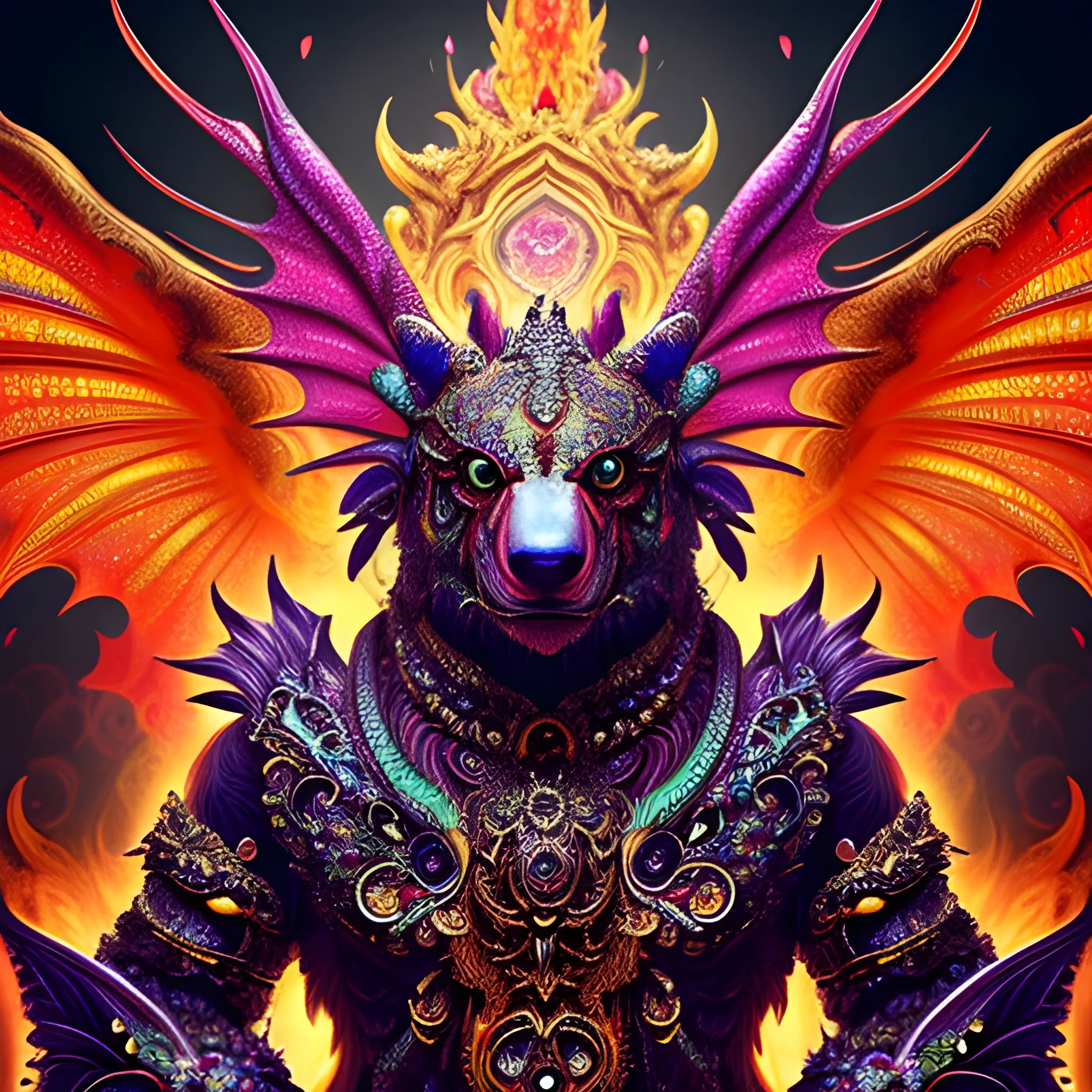 dragon bear, fire psychedelic, cute eyes, garuda pancasila wings,fractal details, glistening shiny scales, intricate ornate hypermaximalist sharp focus, dramatic lighting, highly detailed and intricate, hyper maximalist, ornate, photographic style, luxury, elite, haunting matte painting, cinematic