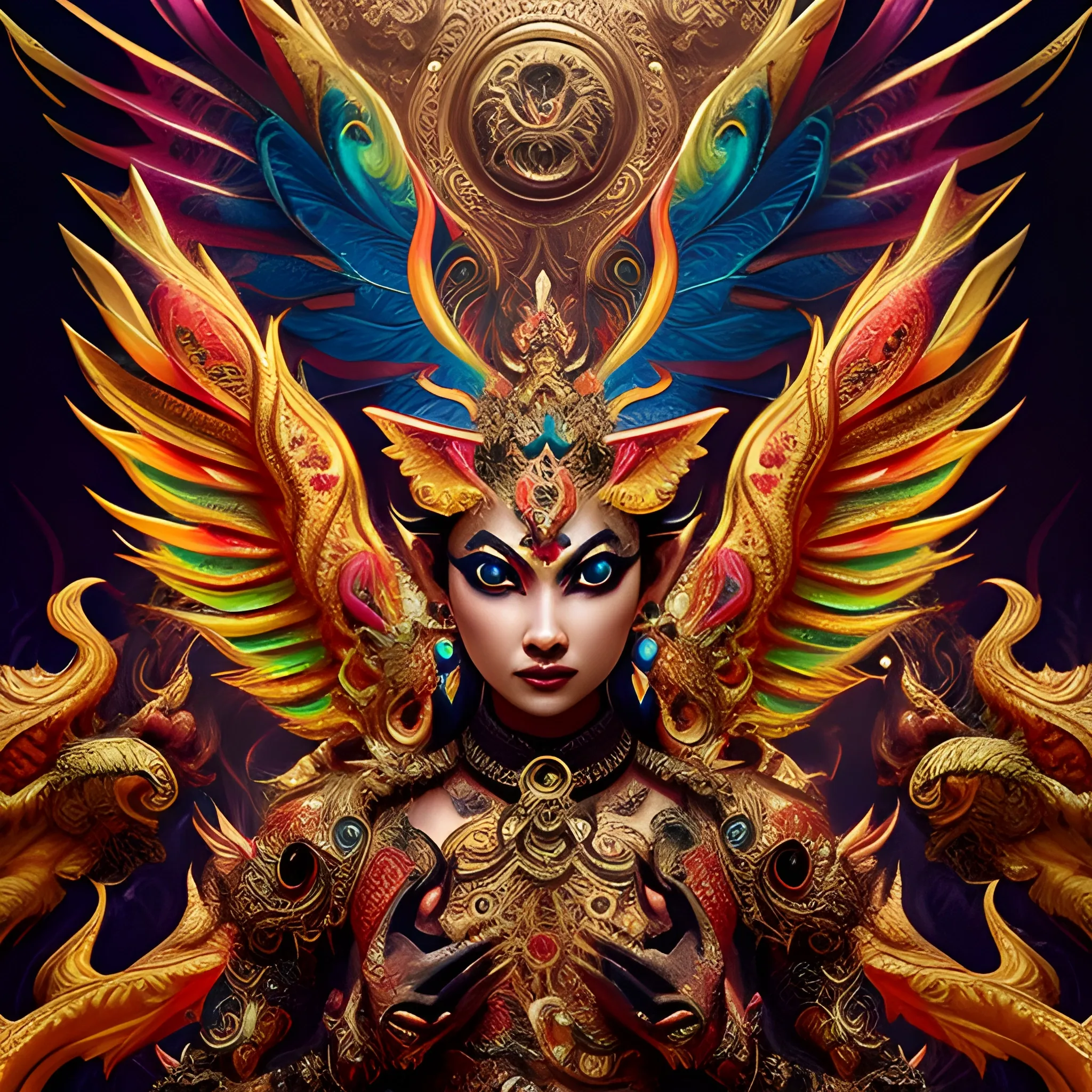 Garuda pancasila, fire psychedelic, cute eyes, garuda pancasila wings,details, glistening shiny scales, intricate ornate hypermaximalist sharp focus, dramatic lighting, highly detailed and intricate, hyper maximalist, ornate, photographic style, luxury, elite, haunting matte painting, cinematic