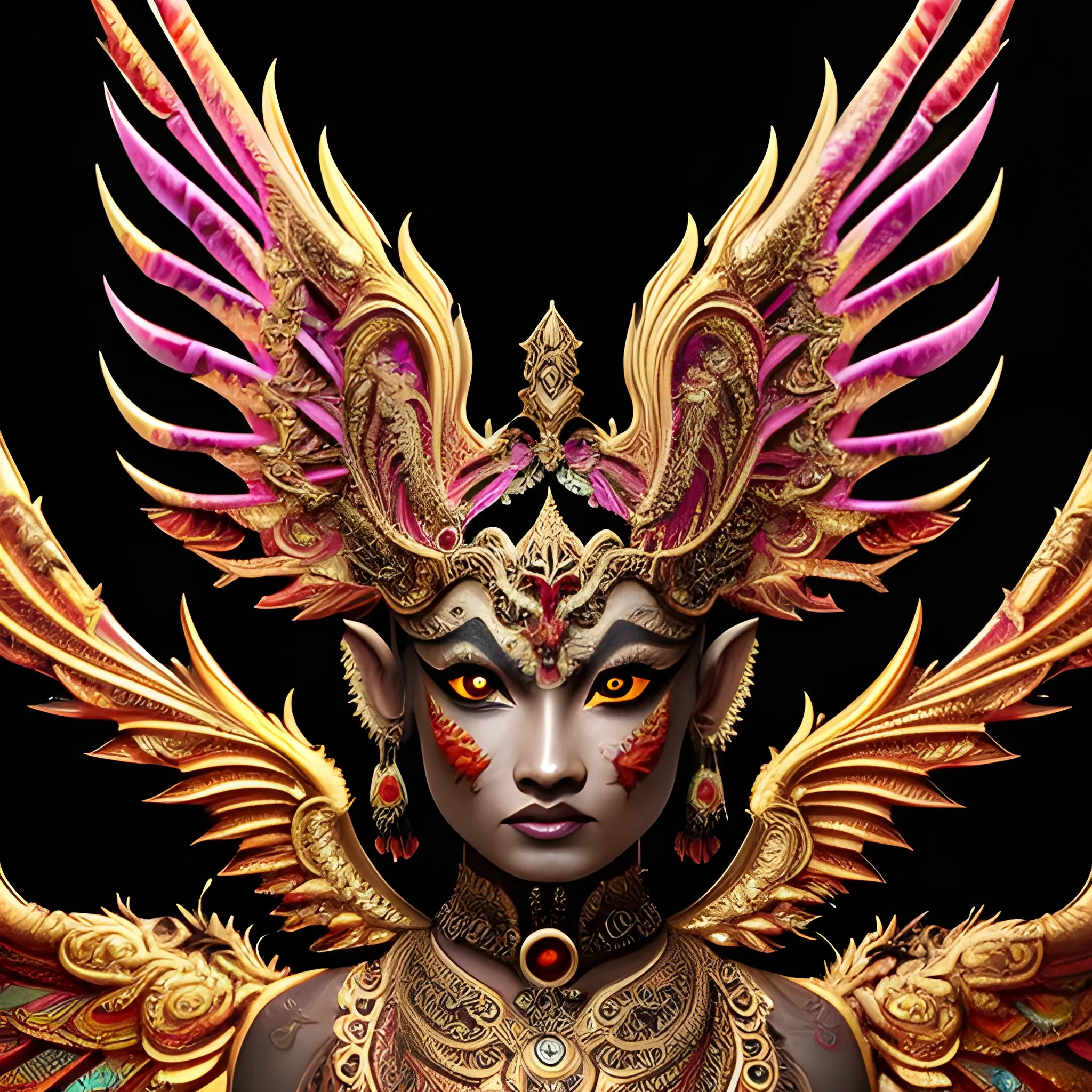 Garuda pancasila, fire psychedelic, cute eyes, garuda pancasila wings,details, glistening shiny scales, intricate ornate hypermaximalist sharp focus, dramatic lighting, highly detailed and intricate, hyper maximalist, ornate, photographic style, luxury, elite, haunting matte painting, cinematic