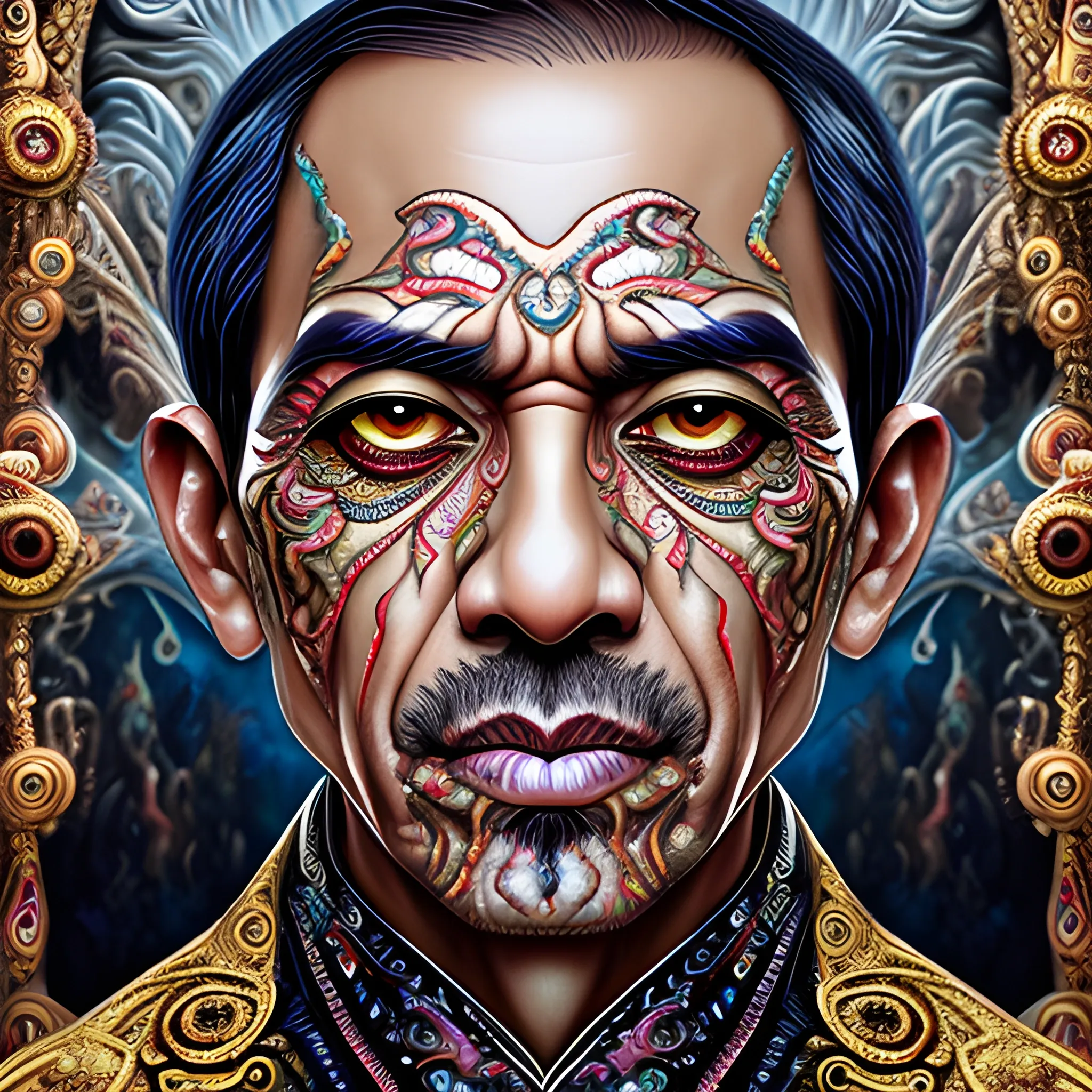 Ir.jokowidodo president fire psychedelic, sad eyes, for my cuntry broken ,details, glistening shiny scales, intricate ornate hypermaximalist sharp focus, dramatic lighting, highly detailed and intricate, hyper maximalist, ornate, photographic style, luxury, elite, haunting matte painting, cinematic, Pencil Sketch, Oil Painting, Water Color