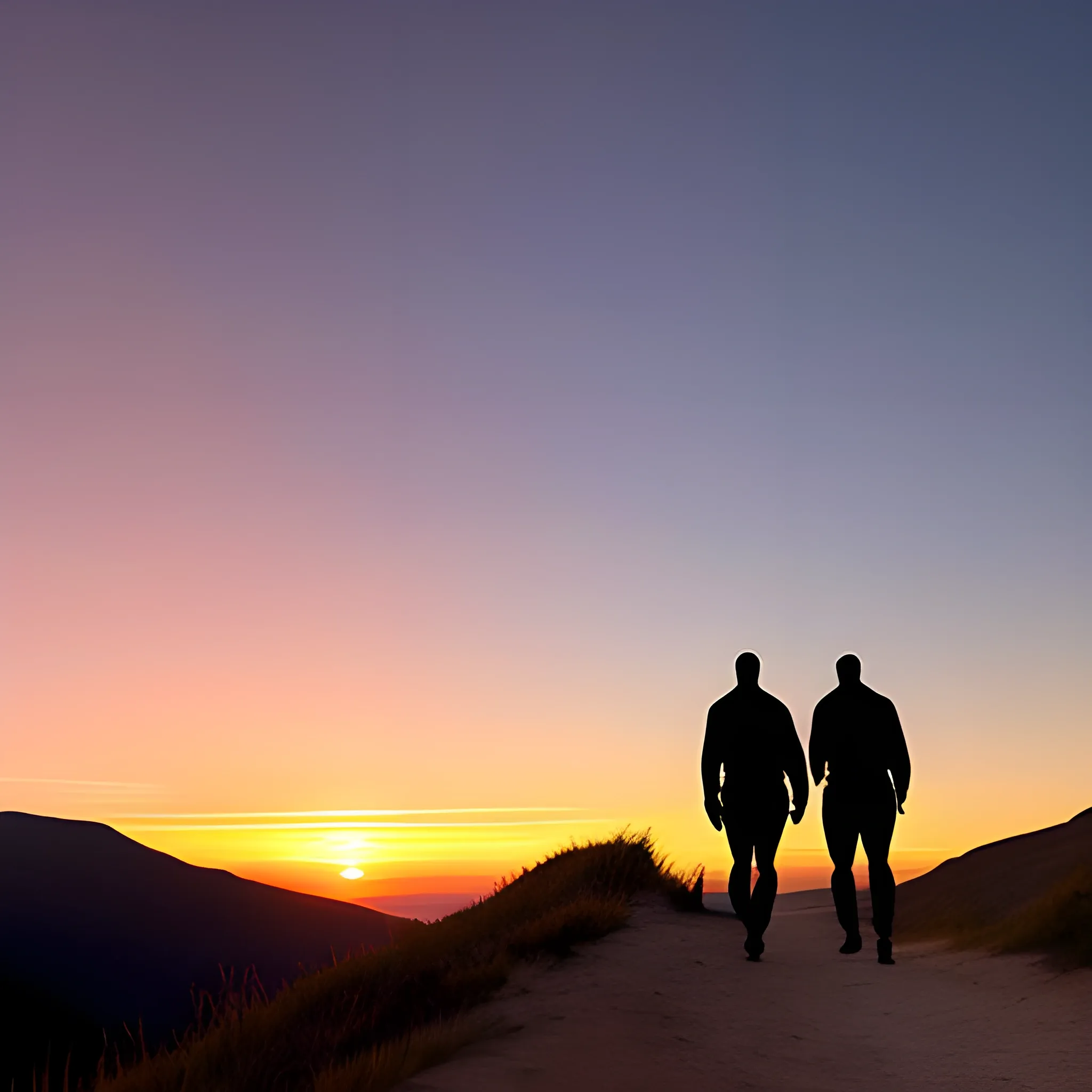 Generate an image of a boy  and dog on a hiking trail, walking side by side, their silhouettes against a breathtaking sunset, signifying their unwavering bond and the beauty of their shared adventures.