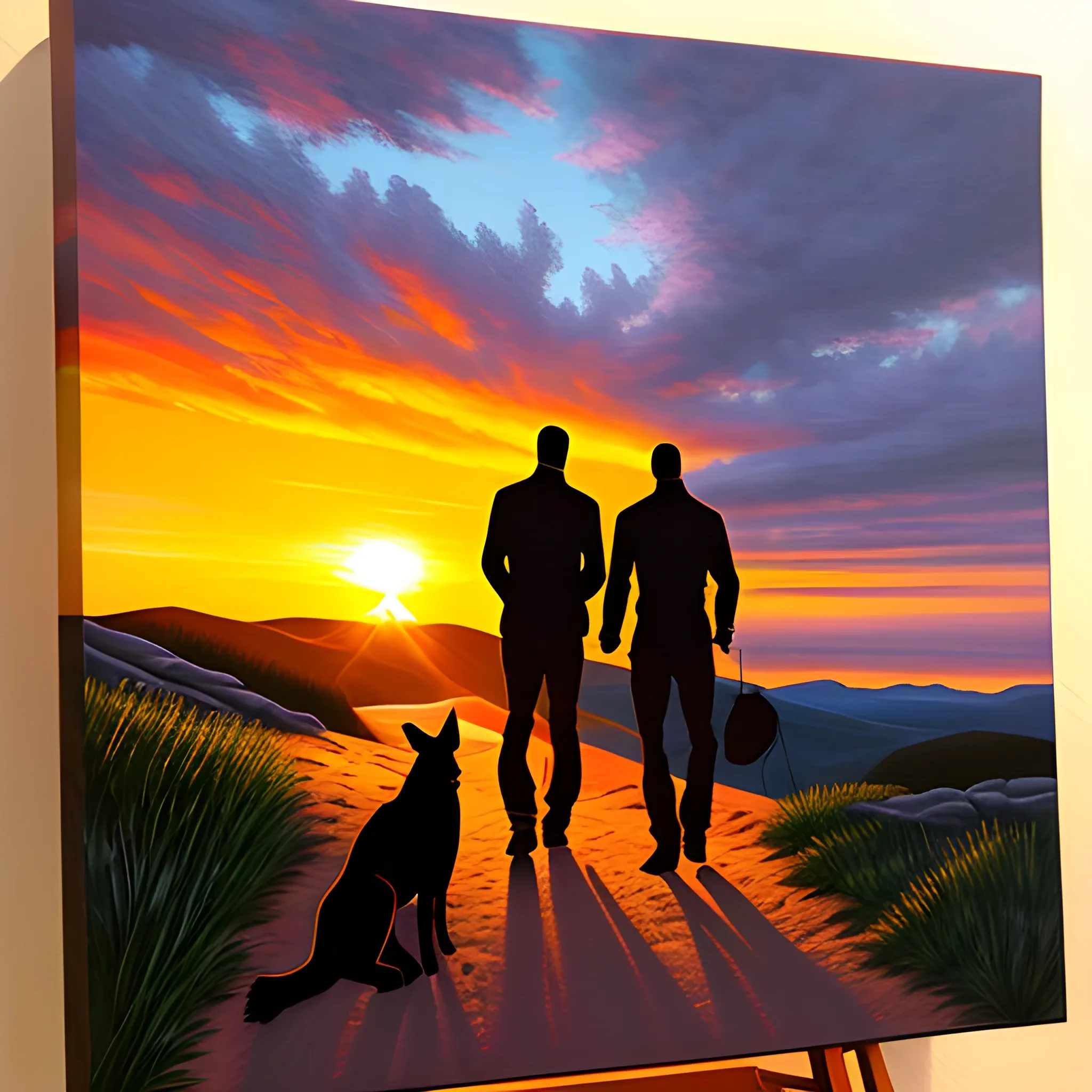 Generate an image of a boy  and dog on a hiking trail, walking side by side, their silhouettes against a breathtaking sunset, signifying their unwavering bond and the beauty of their shared adventures., Oil Painting