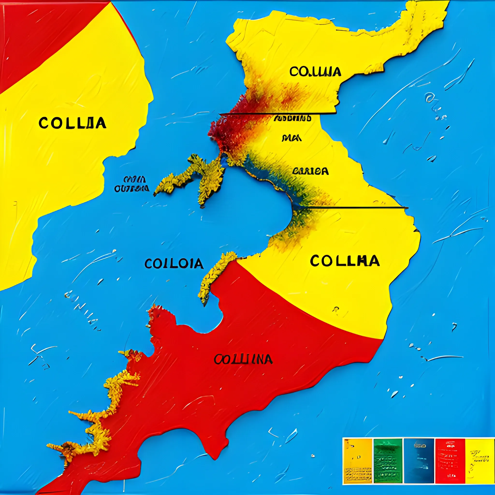 colombia map surrounded by yellow blue and red, Oil Painting