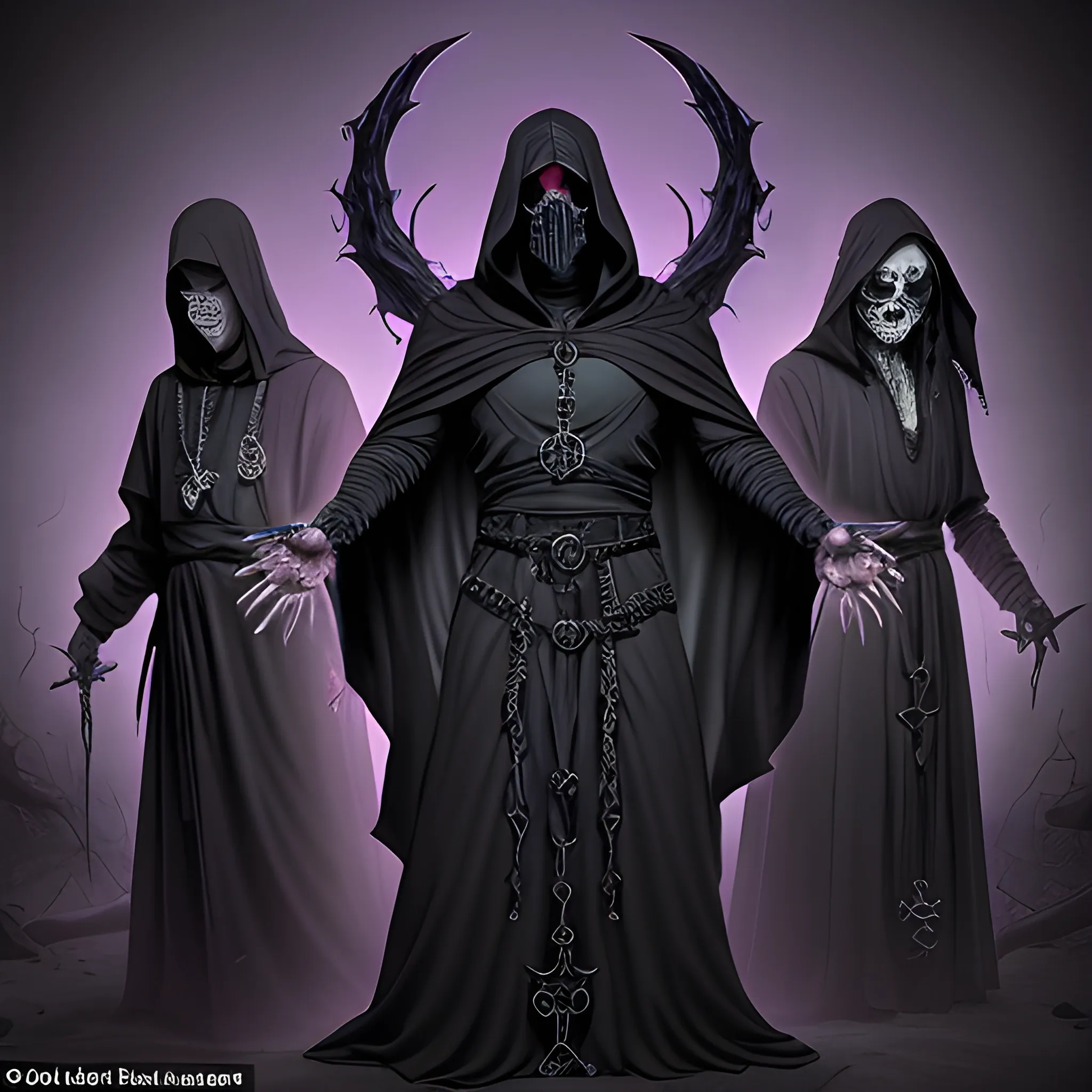 Dark Attire: The cultists wear long, flowing robes in shades of deep purple, black, or dark gray. The robes are often adorned with occult symbols and sigils associated with necromantic magic and Malachi's dark influence. The hoods of their robes are typically pulled up, casting shadows over their faces, giving them an air of mystery and menace.

Face Coverings: Some cultists wear face coverings or masks, further obscuring their features. These coverings often feature unsettling designs, such as skeletal faces or demonic visages, symbolizing their allegiance to death and darkness.

Occult Accessories: Cultists may wear various occult accessories, such as bone necklaces, finger bones, or amulets adorned with dark gems or symbols. These items are believed to channel the powers of necromancy and connect the wearer to the forces of evil.

Pallid Skin: Prolonged exposure to dark magic and their devotion to Malachi may give the cultists' skin a sickly pallor, further emphasizing their otherworldly appearance.

Glowing Eyes: In some cases, the eyes of the cultists may glow with an unnatural or eerie light, hinting at their connection to the dark powers they serve. The glow can be a pale blue, sickly green, or even crimson, depending on the nature of their necromantic abilities.

Ritualistic Tattoos: Some cultists bear ritualistic tattoos etched into their skin, marking their allegiance to Malachi and the dark arts. These tattoos often depict ominous symbols, arcane runes, or images associated with death and decay.

Feral Traits: As a result of their embrace of dark powers, some cultists may display feral traits, such as elongated canine teeth or claw-like nails, reminiscent of creatures of the night.

Overall, the appearance of Malachi's cultists is haunting and unsettling, with an aura of darkness and malevolence. Their attire, accessories, and physical features convey their allegiance to the fallen Aasimar and their commitment to furthering his nefarious plans. As they move in shadows and secrecy, they pose a significant threat to the world, ready to carry out their master's bidding and plunge Lumina Isle into everlasting darkness.