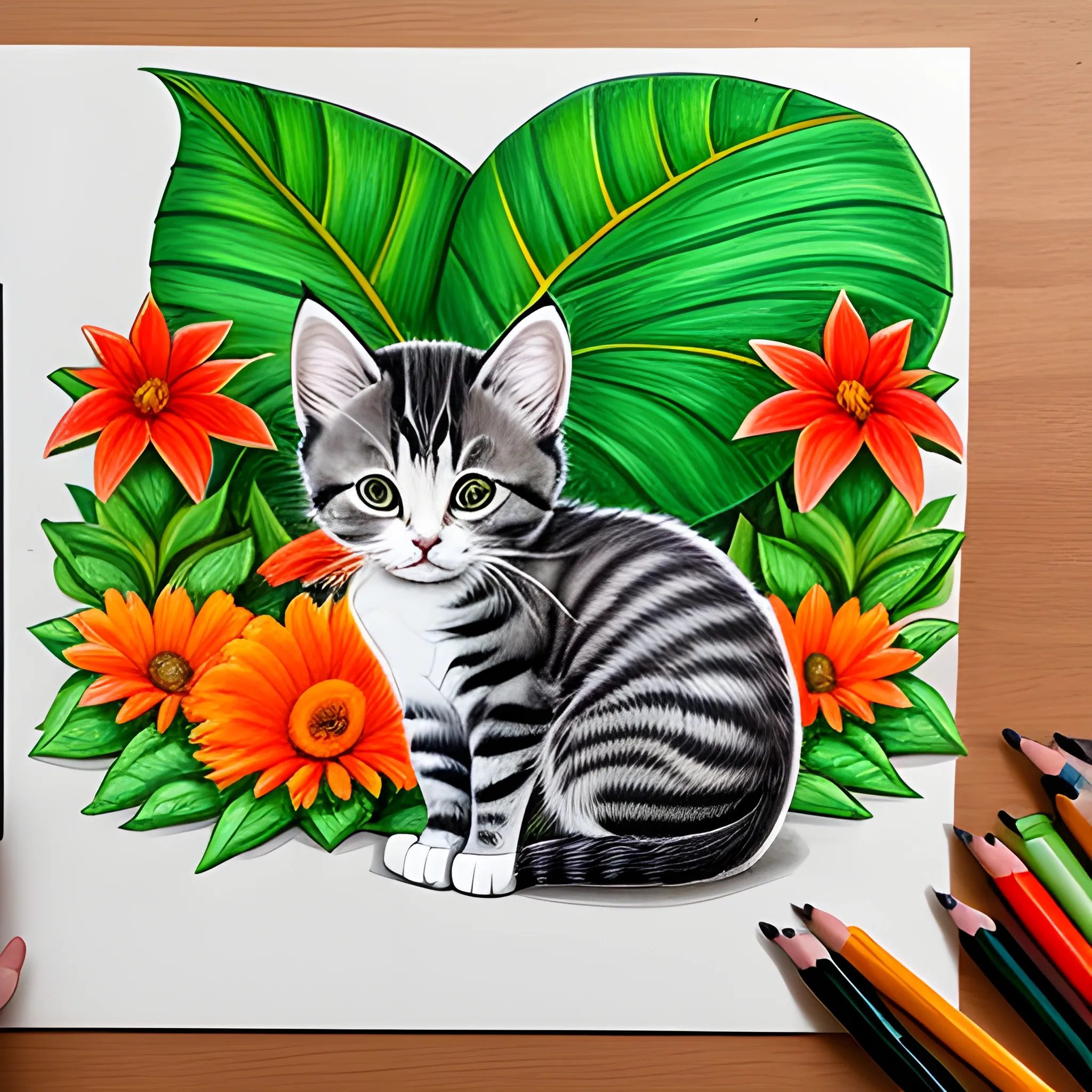 drawing of small kitten with bent head in orange color with stripes sitting on a big leaf in a garden full of flowers in daytime,, 3D, Pencil Sketch
